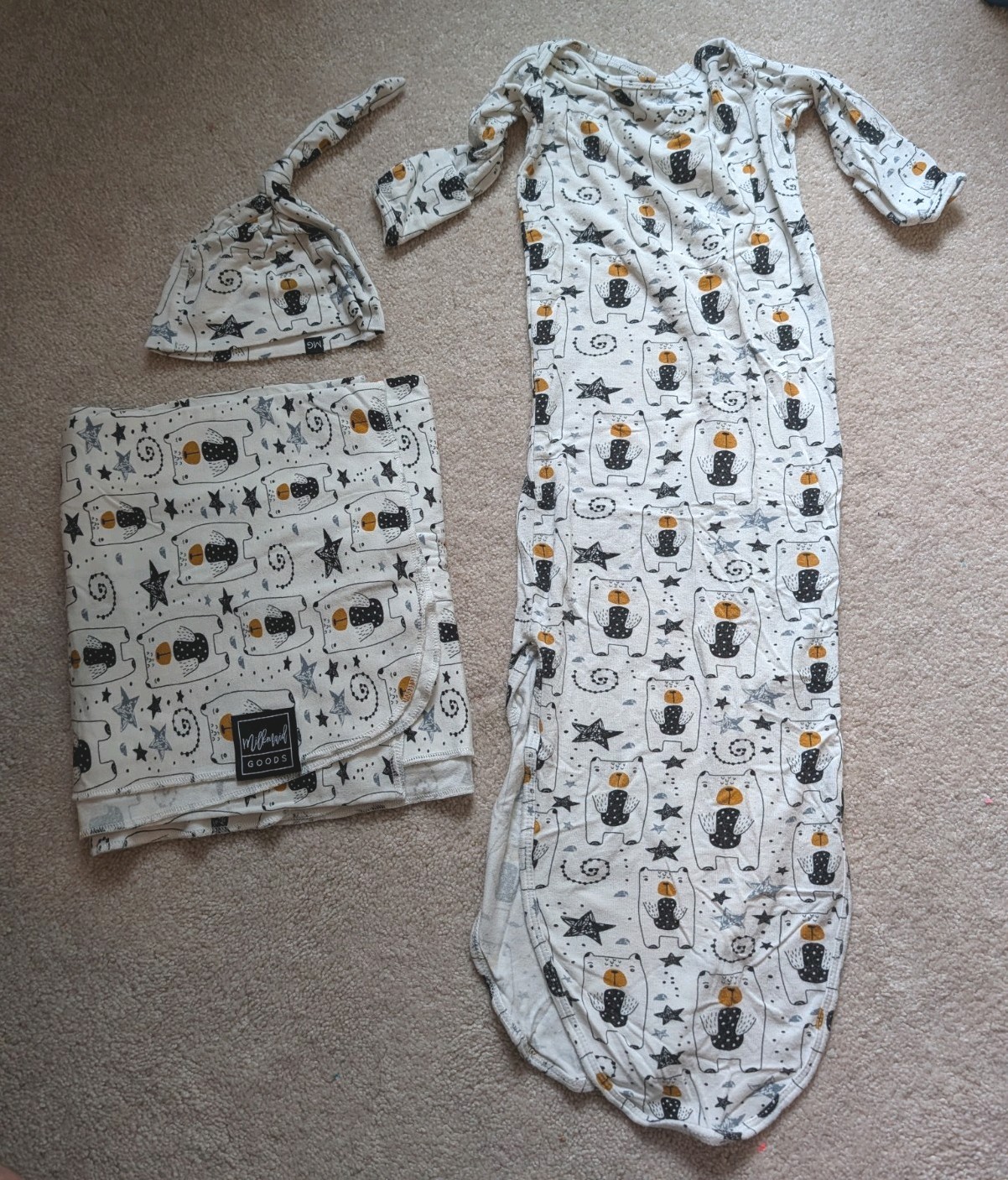 Milkmaid Goods Bears & Stars Knotted Gown Swaddle Blanket Hat Set 0-3M