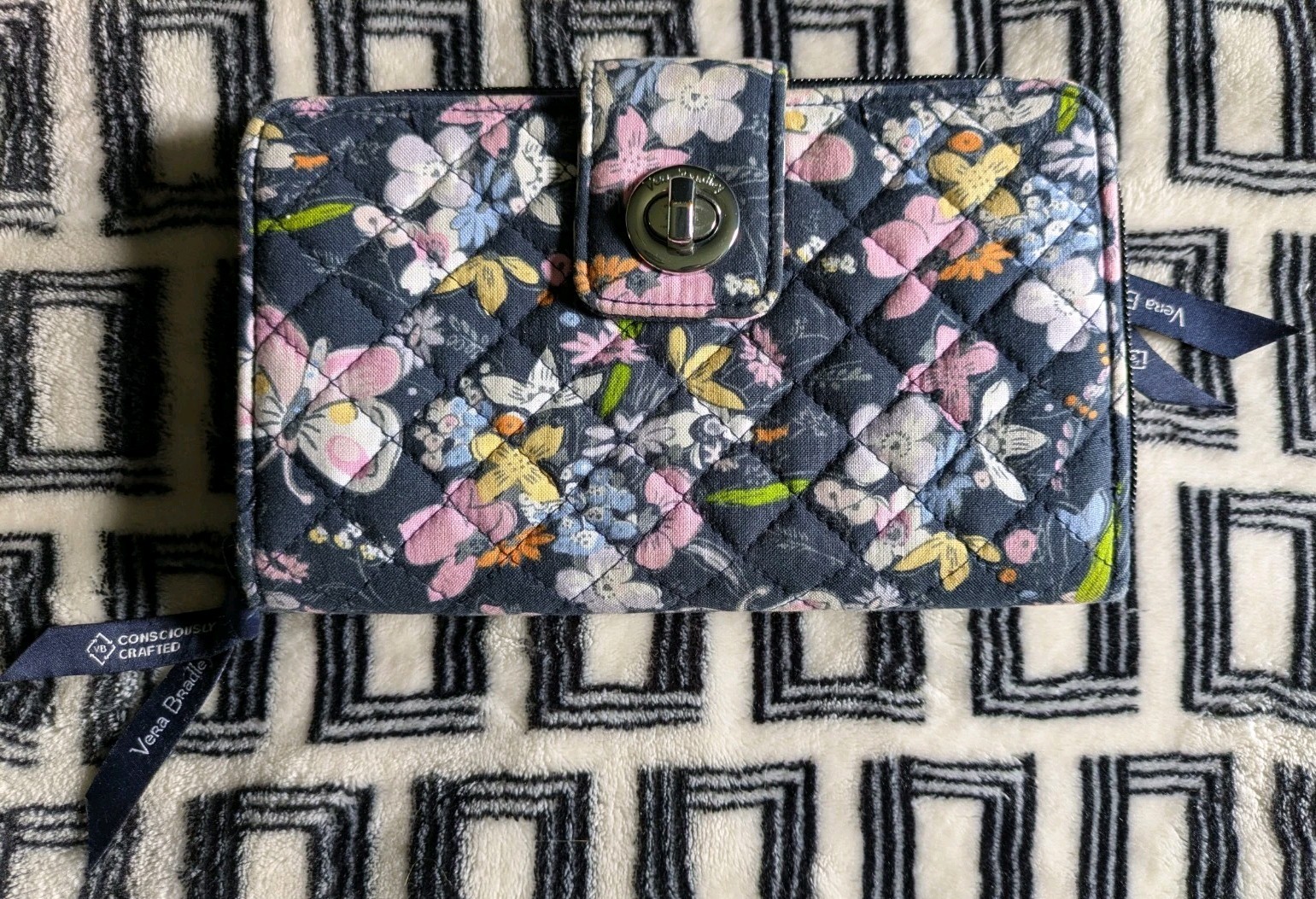 Vera Bradley Turn Lock Zip Wallet, RFID, Midnight Wildflowers Retired Print