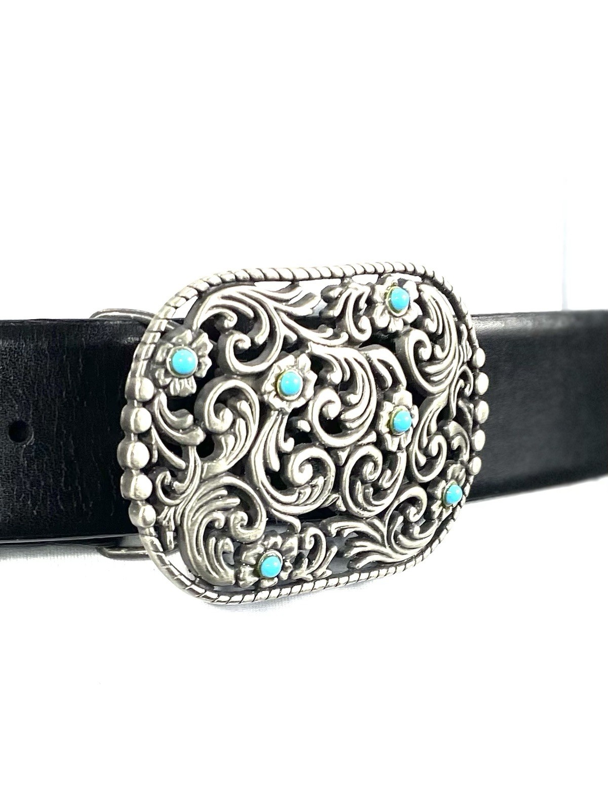 Faux Turquoise Silver Embossed Womens Black Belt Size L 45 inches Bonded Leather