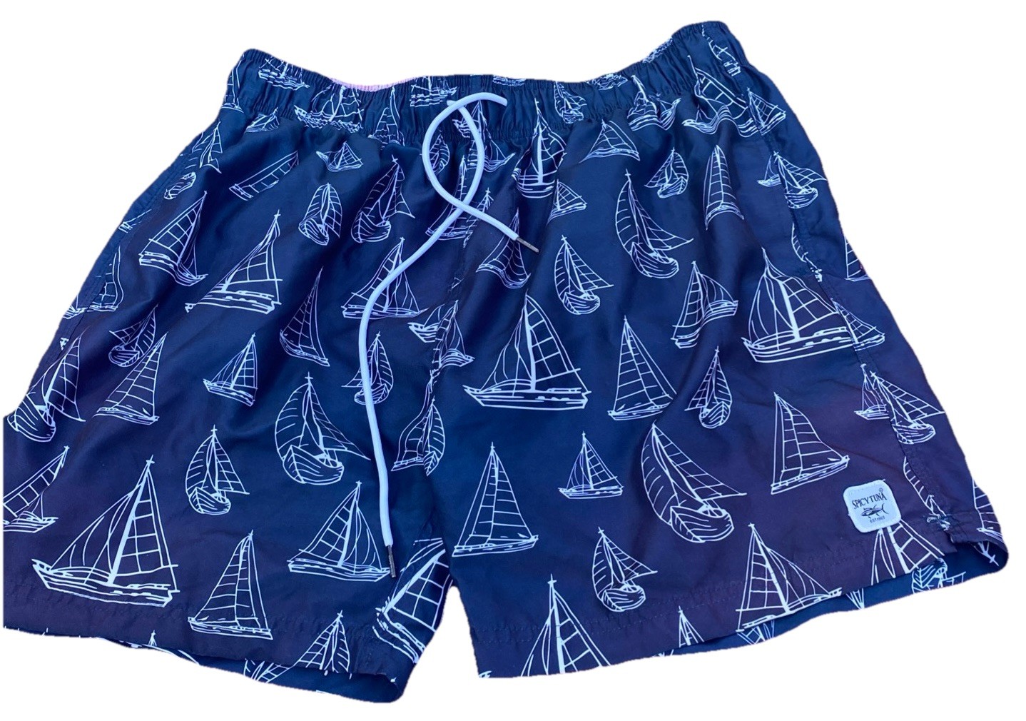Spicy Tuna Swim Trunks Men’s Navy Blue W White Sailboats Of Various Sz 2XL EUC
