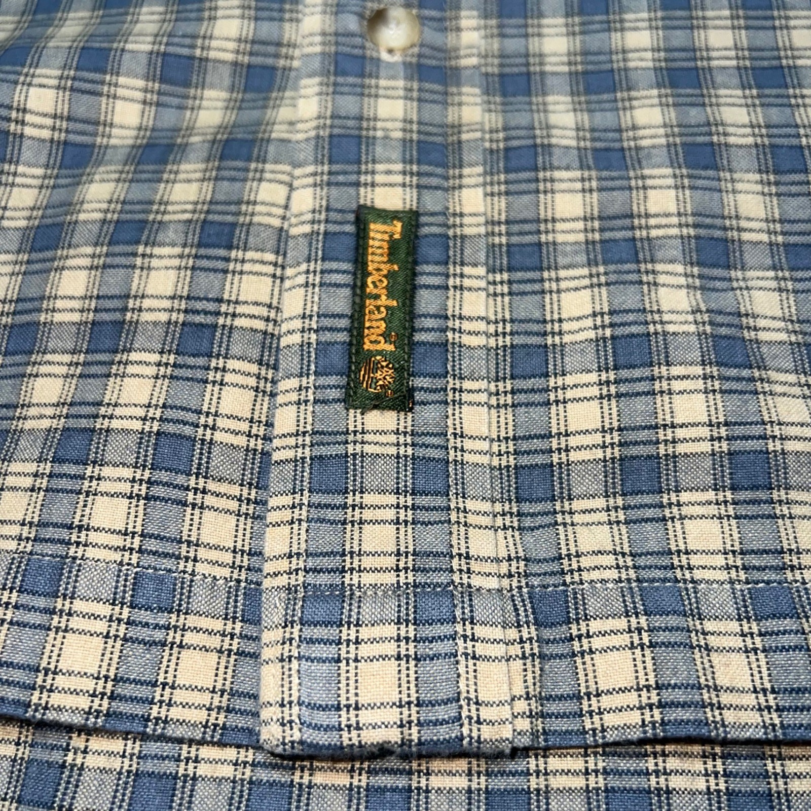 Timberland Mens XL Short Sleeve Button Down Shirt Blue Plaid Cotton Casual Logo