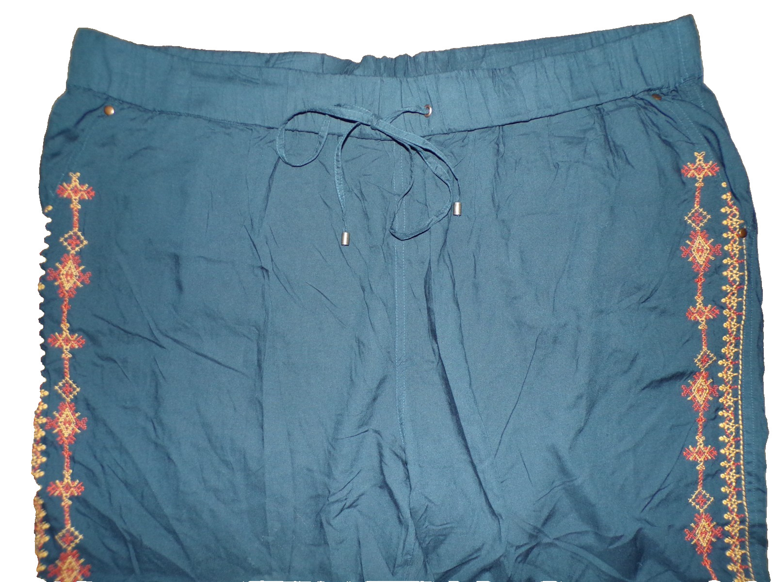 SUNDANCE Blue Embroidered Orange Pull On Pants Womens XXL Pockets Drawstring