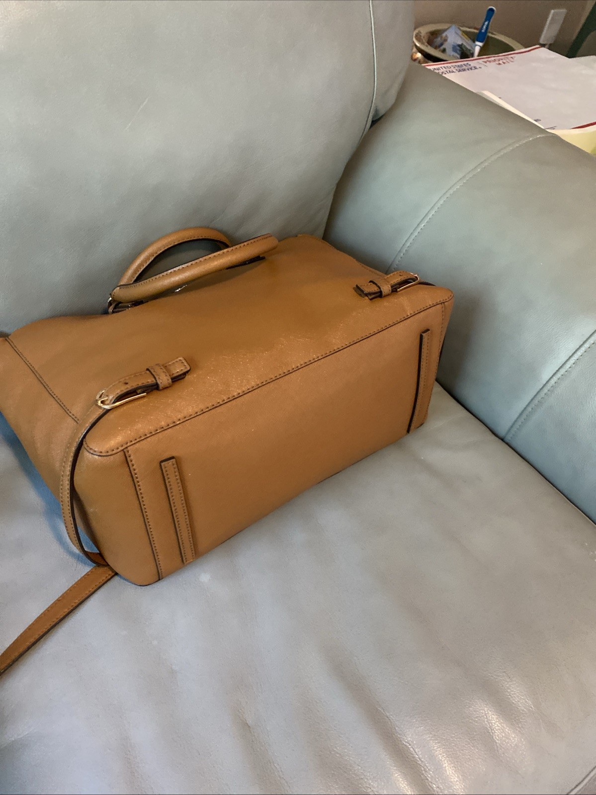 Tory Burch Robinson Tigers Eye Tan/Brown Saffiano Leather Handbag Satchel Nice