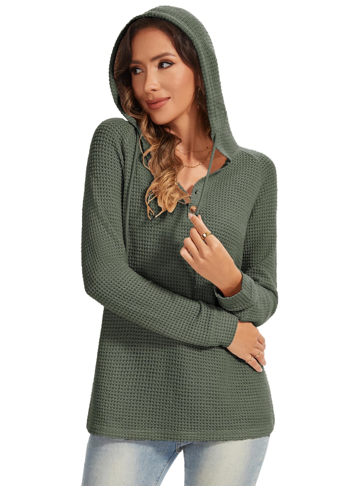 Dimur Waffles Knit Pullover Tops Christmas Drawstring Hoodie Medium, Green