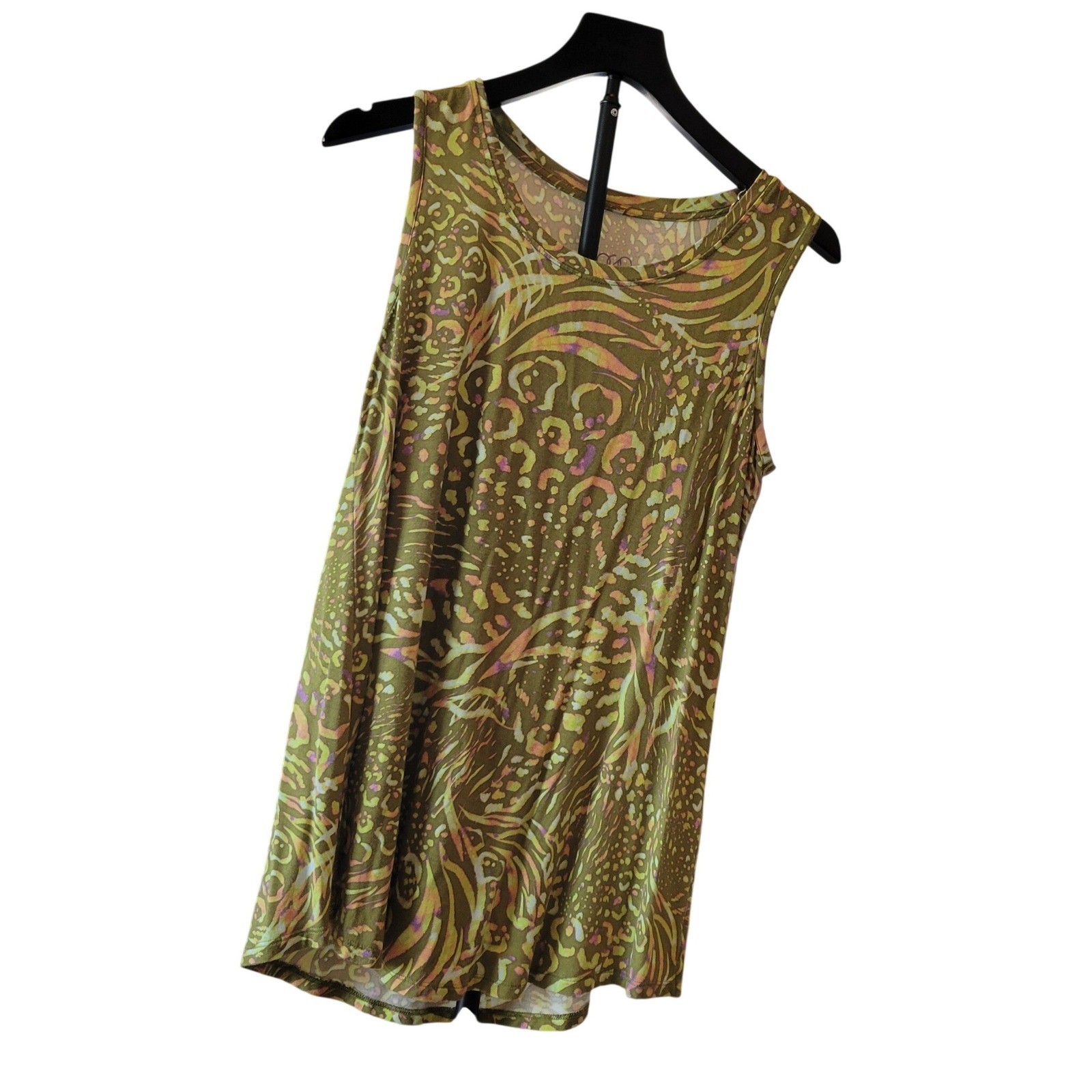 LOGO Layers Lori Goldstein Tank Top Sz Small Olive Green Animal Print Sleeveless