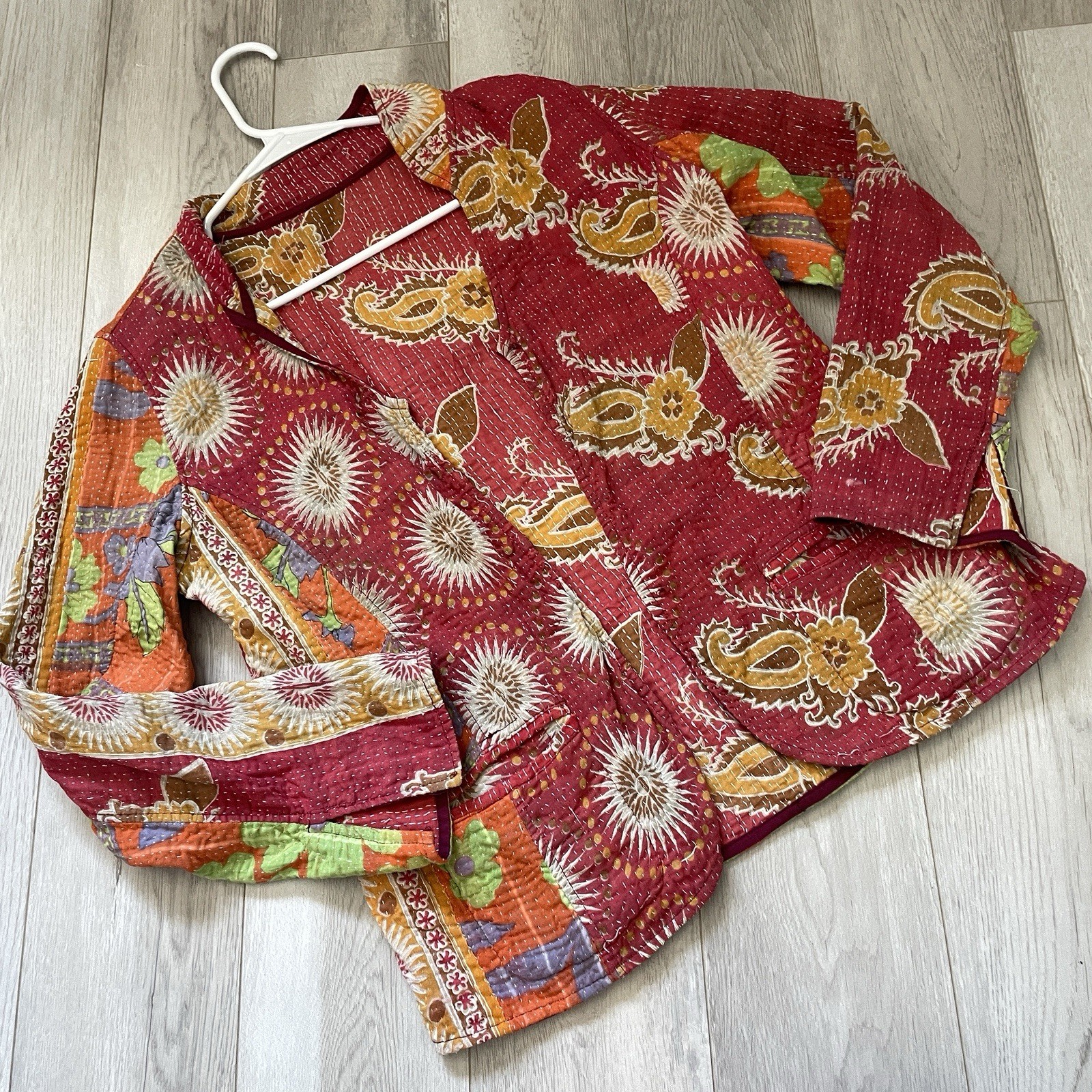 Reversible Quilted Jacket kantha floral long sleeve womens Red Orange (small)