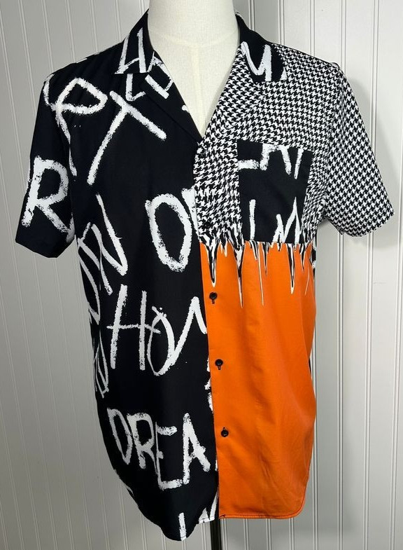 boohooMAN ~ Mens BLACK / ORANGE Button Up Shirt Graffiti Houndstooth Art – LARGE
