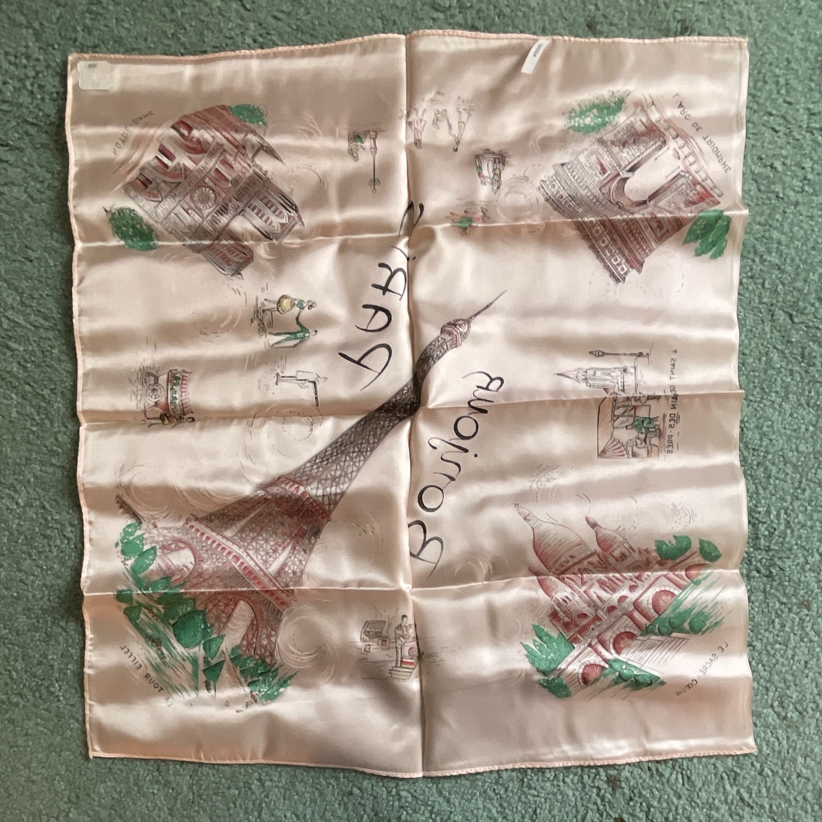 Acetate Satin Square Scarf Bonjour Paris Graphic Print Made in France Pink