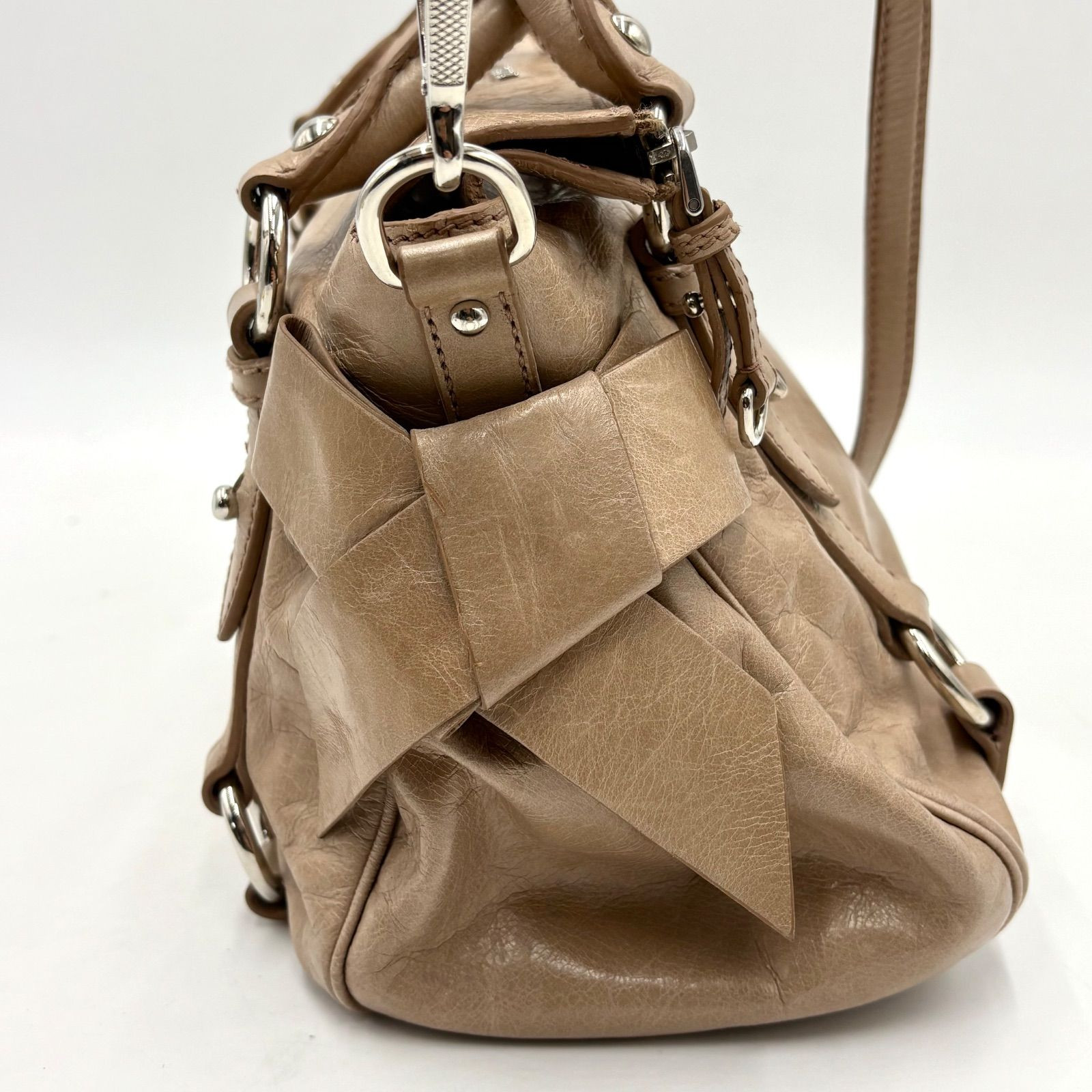 Miu Miu Vitello Shine 2Way Shoulder Bag Pink Beige Side Ribbon Y2K Handbag Auth