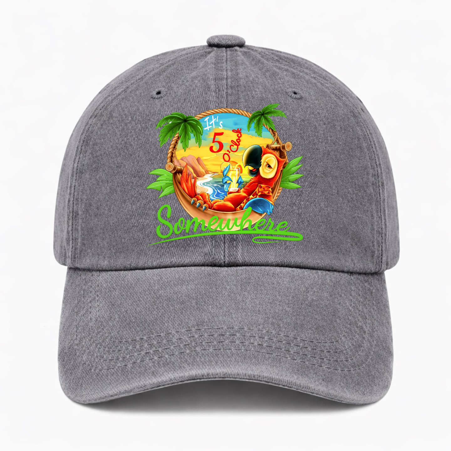 Funny Beach Vacation Parrot Hat It’s 5 O’Clock Somewhere Tropical Baseball Cap