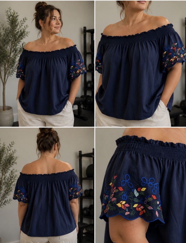 Marks & Spencer Off Shoulder Embroidered Bardot Top Navy Blue Size 18 Summer