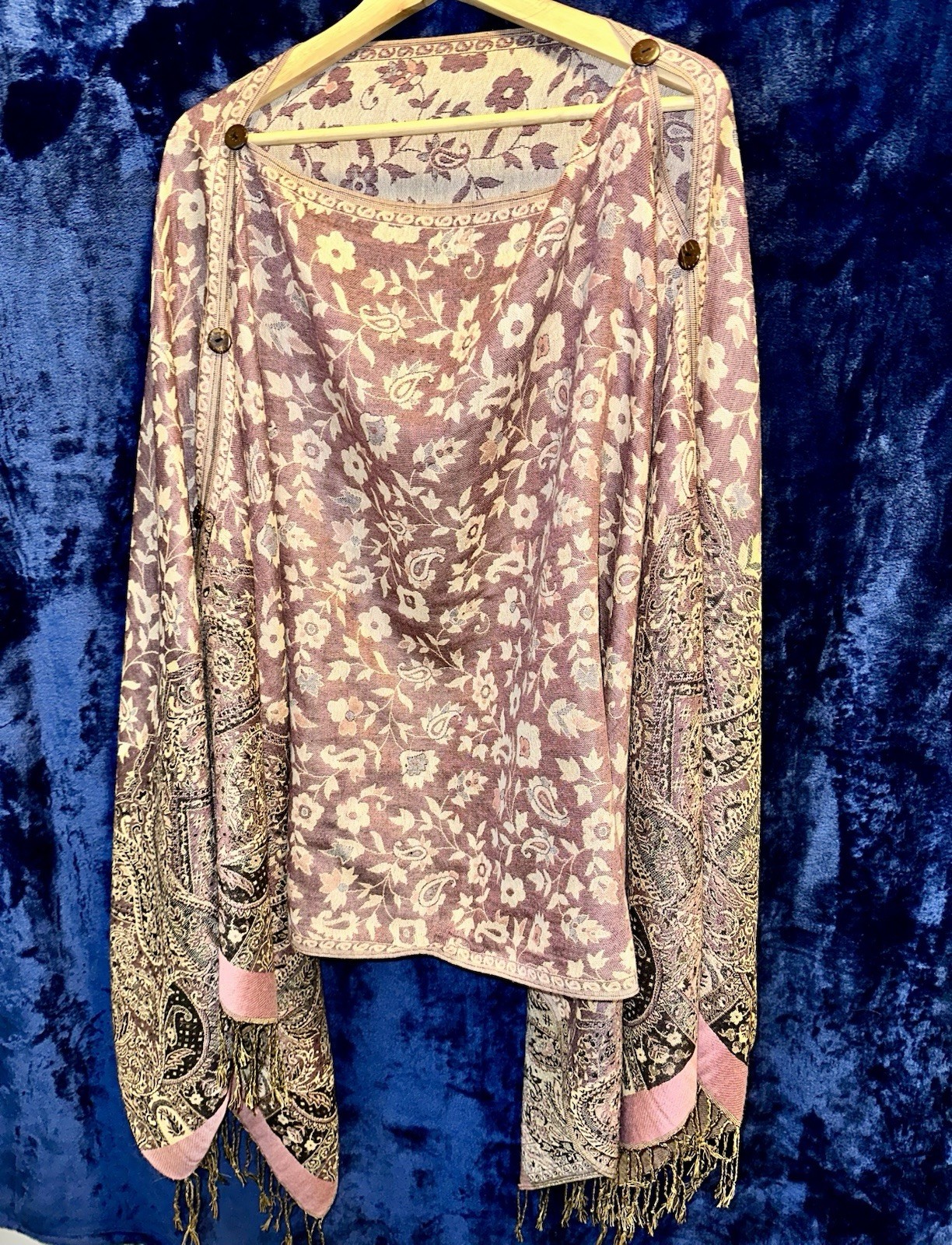 PASHMINA Woven Pashmina Floral Shawl Wrap Fringe Button Purple Pink Beige