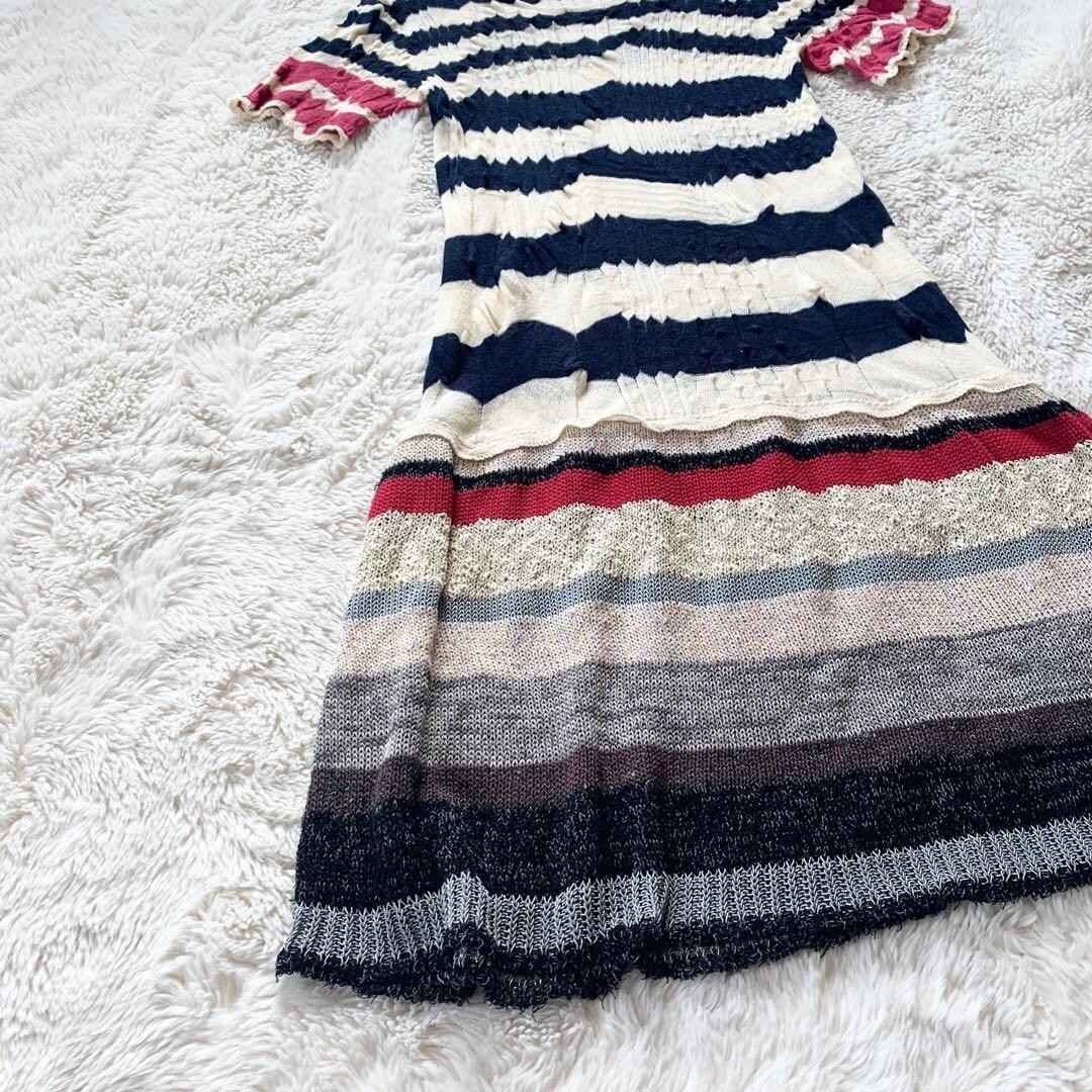 M.&KYOKO Silk Blend Short Sleeve Striped Knee Dress Size 1 Ivory Navy Pink Auth