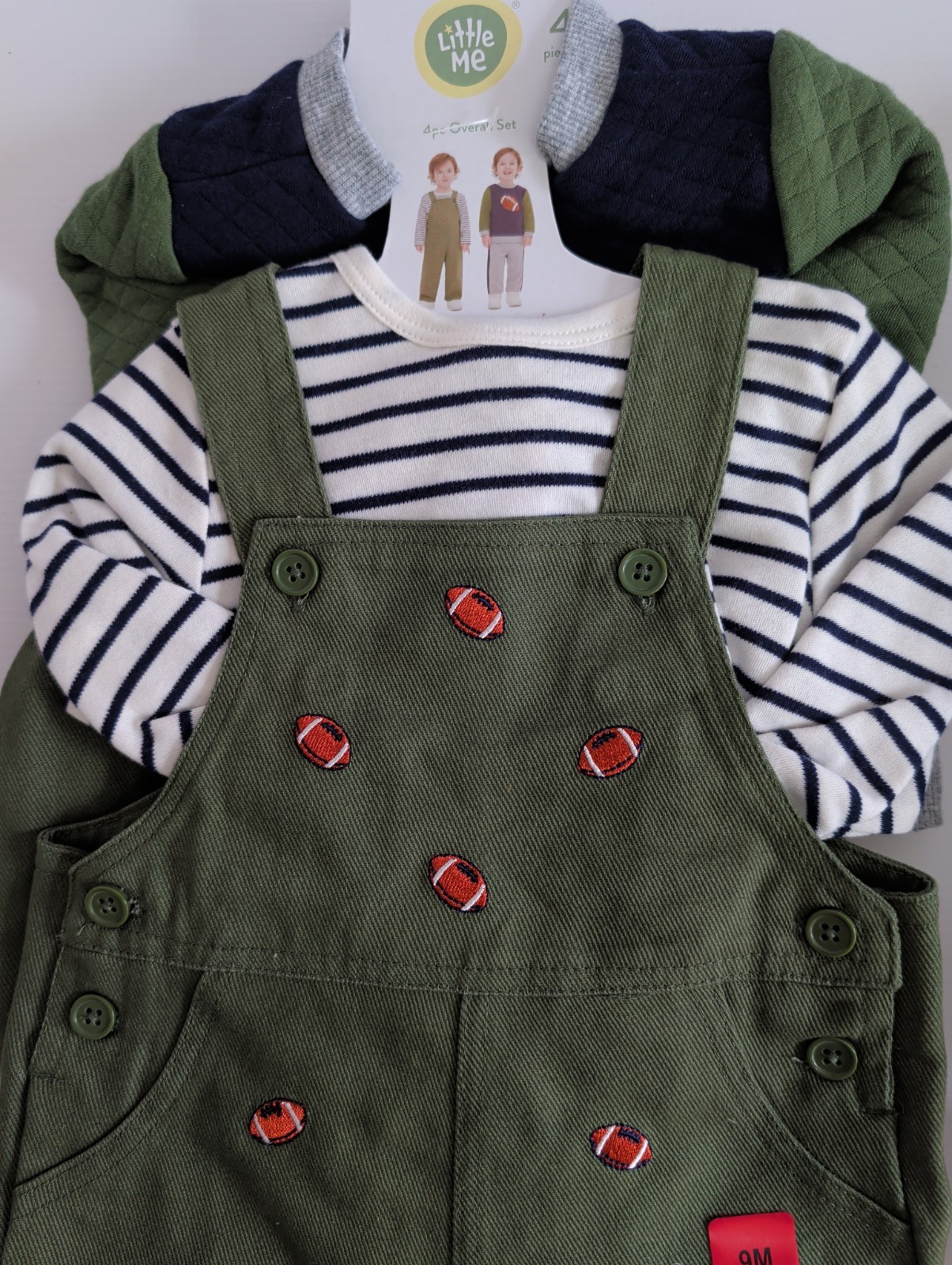 NWT Litle me 4 Piece overall set for Babies Theme Green Football Size 9 Month’s