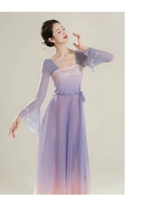 Classical Dance Costume for Women Han Tang Dynasty Showcasing Elegant Mesh Dress