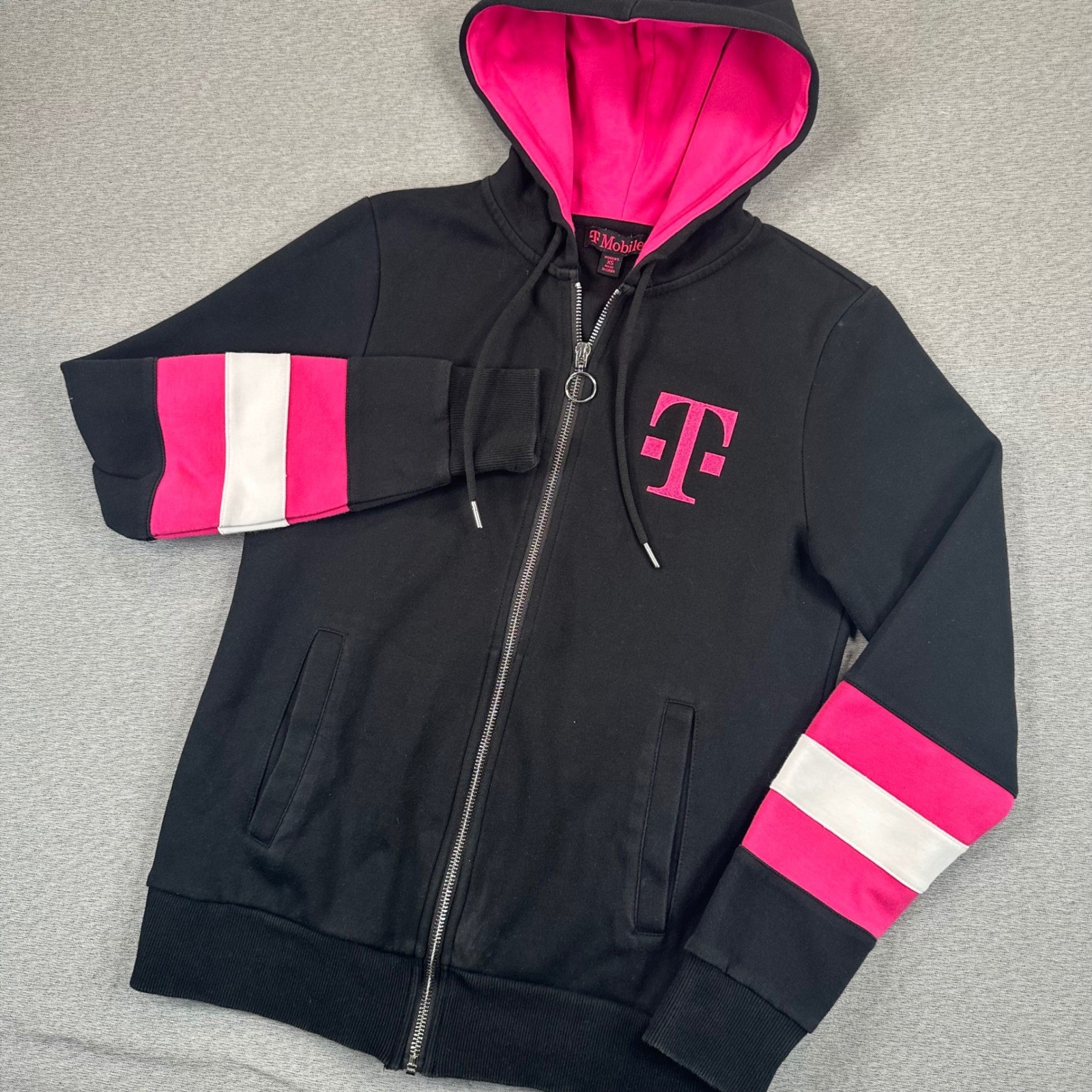 T-Mobile Jacket Womens XS Full Zip Hoodie Black Magenta White Logo Sweat
