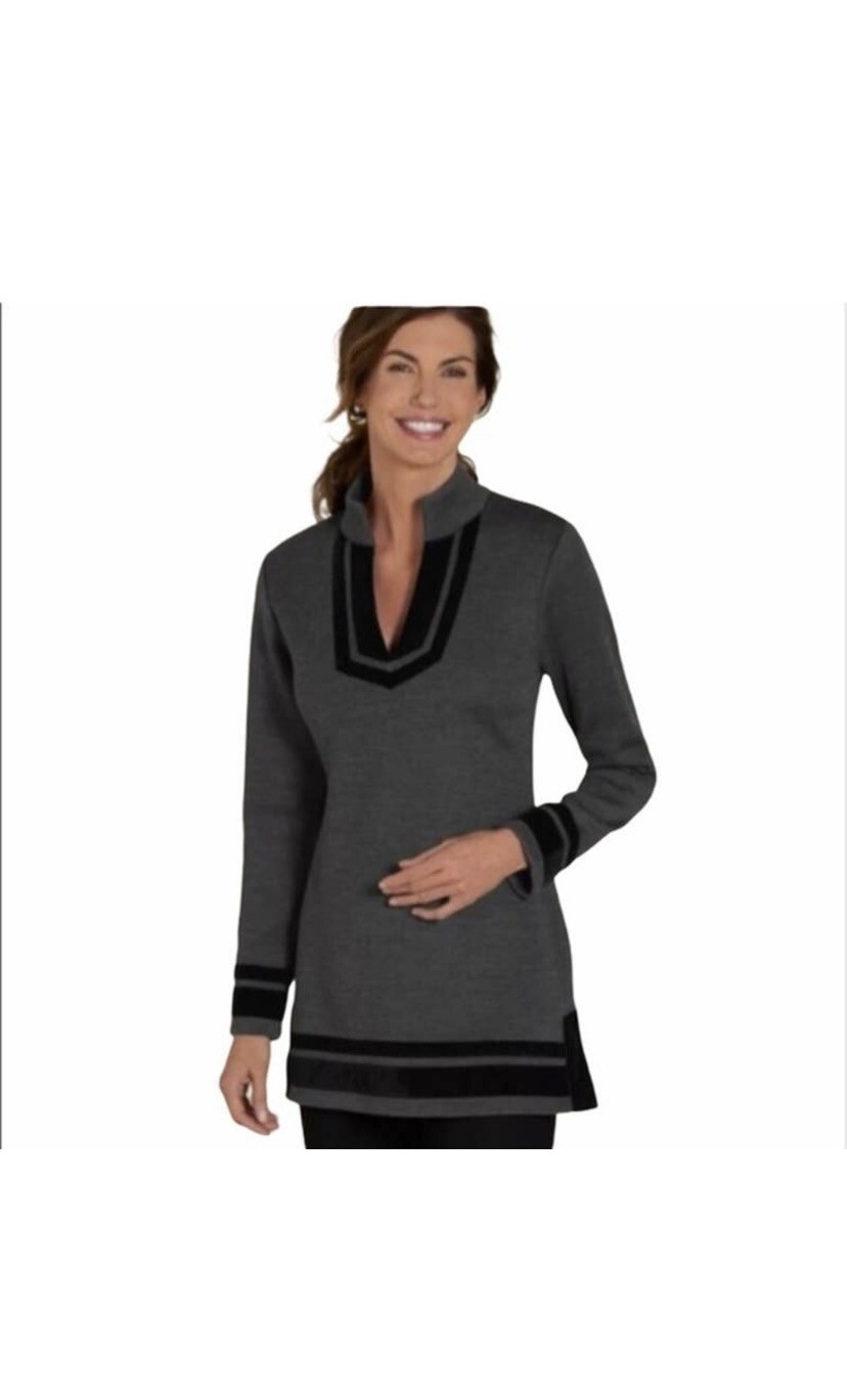 Soft Surroundings Runway Tunic Sweater Plus Size 3X Gray Wool Black Velvet Trim
