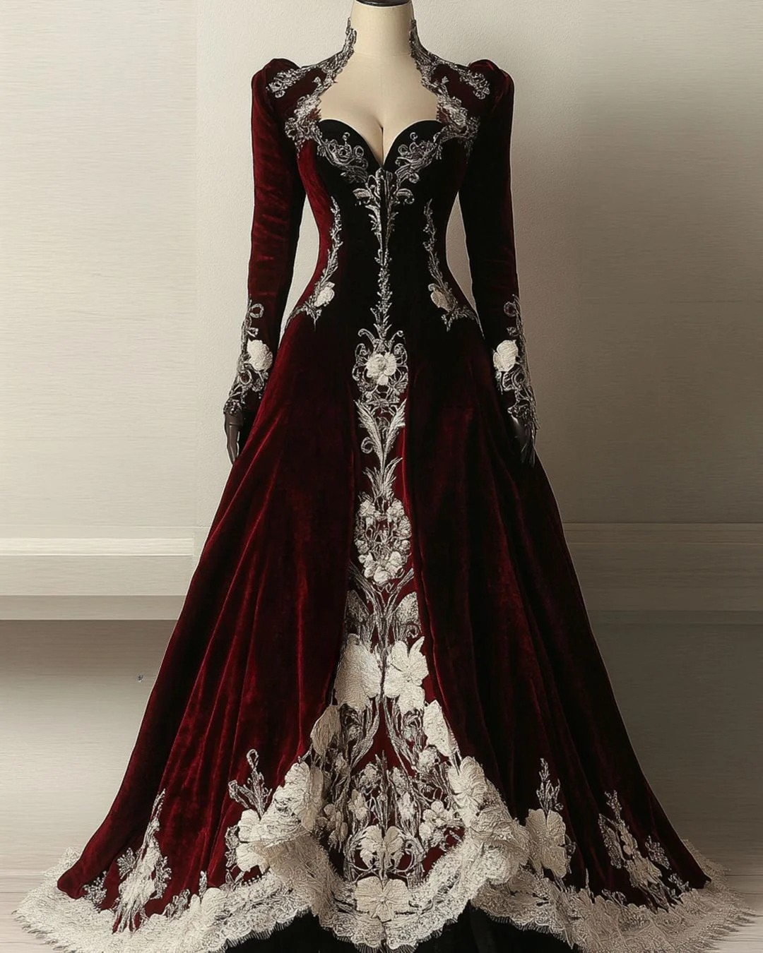 Burgundy Velvet Victorian Lace Ball Gown Long Sleeve Gothic Evening Dresses