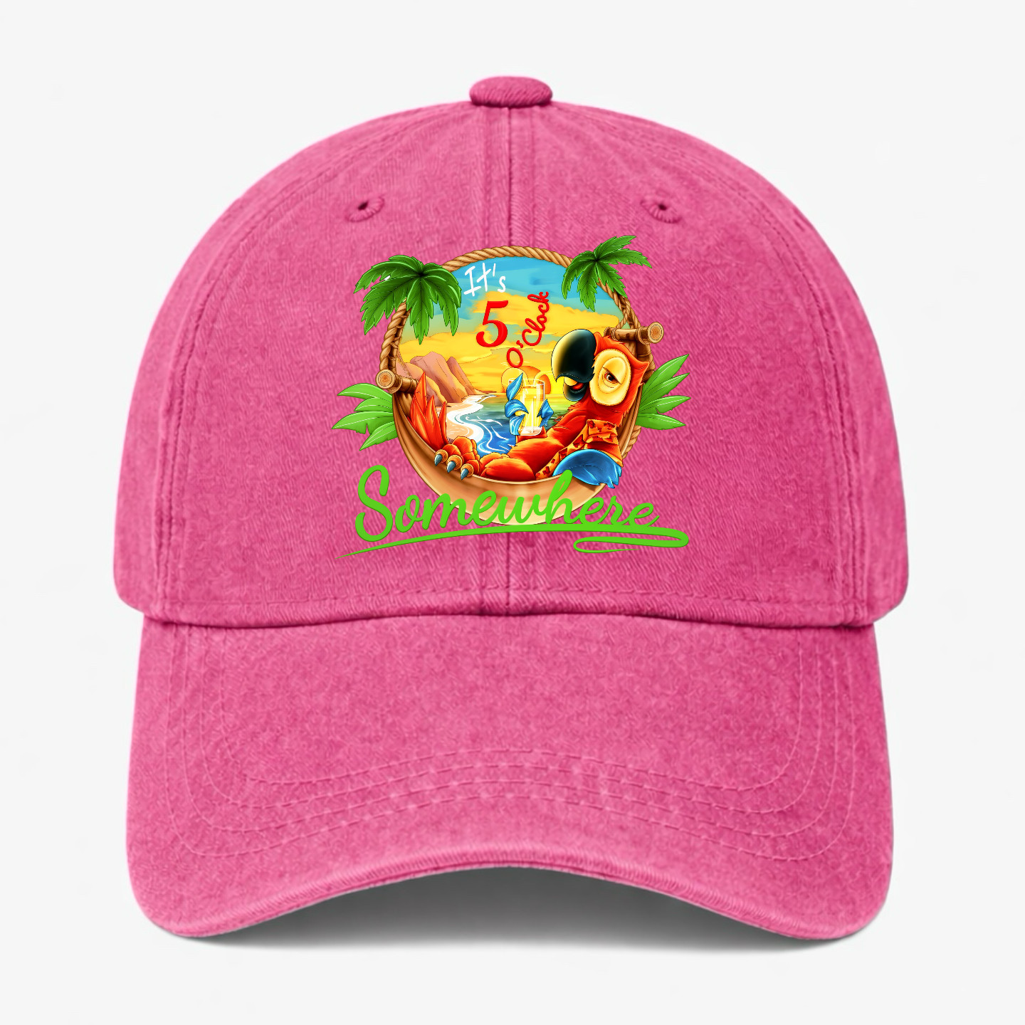 Funny Beach Vacation Parrot Hat It’s 5 O’Clock Somewhere Tropical Baseball Cap