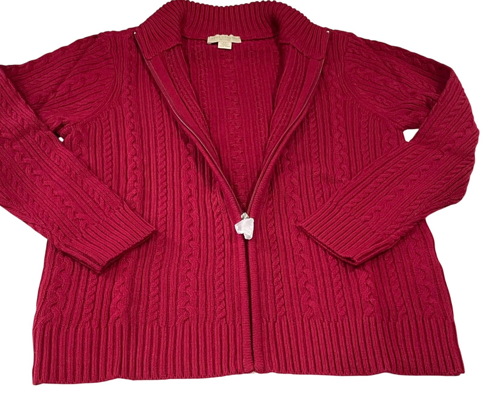 Appleseed’s Wool Blend Sweater Jacket PL Red Vibrant Cable Knit Fisherman Preppy