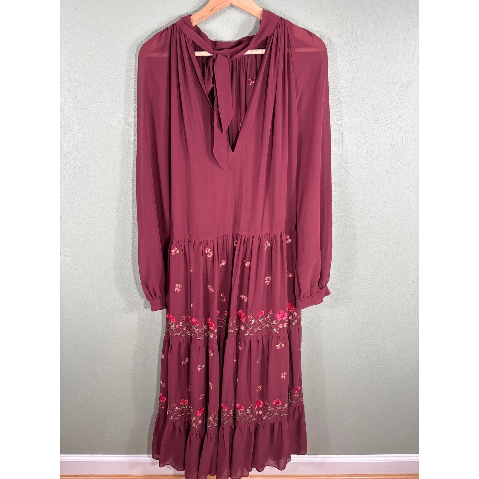 ASOS DESIGN Burgundy Floral Embroidered Tiered Maxi Dress Tie Neck Wine Size 10