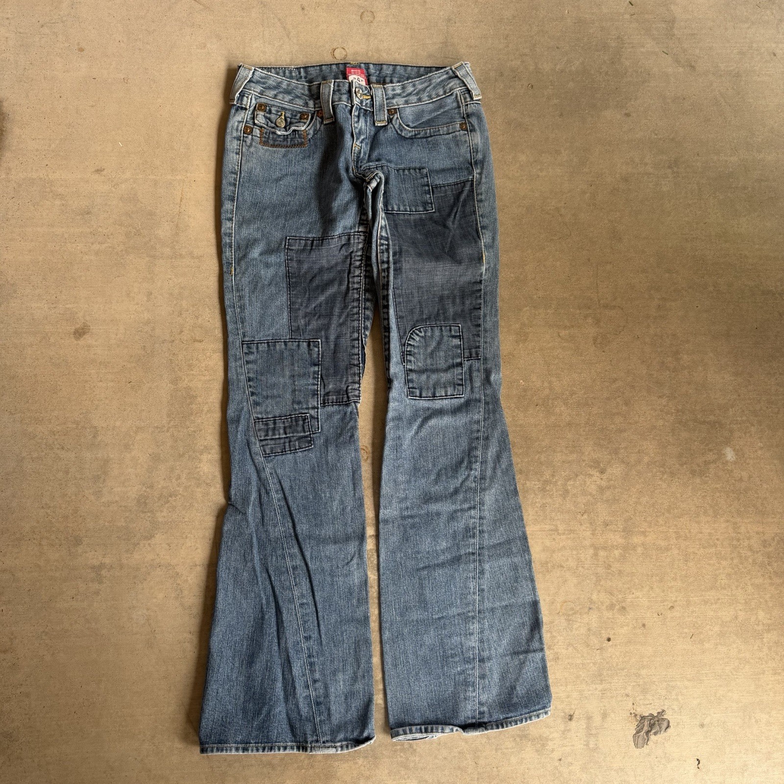 True Religion Joey Patch Old Stone Twisted Flare Jeans 27×31 Made In USA