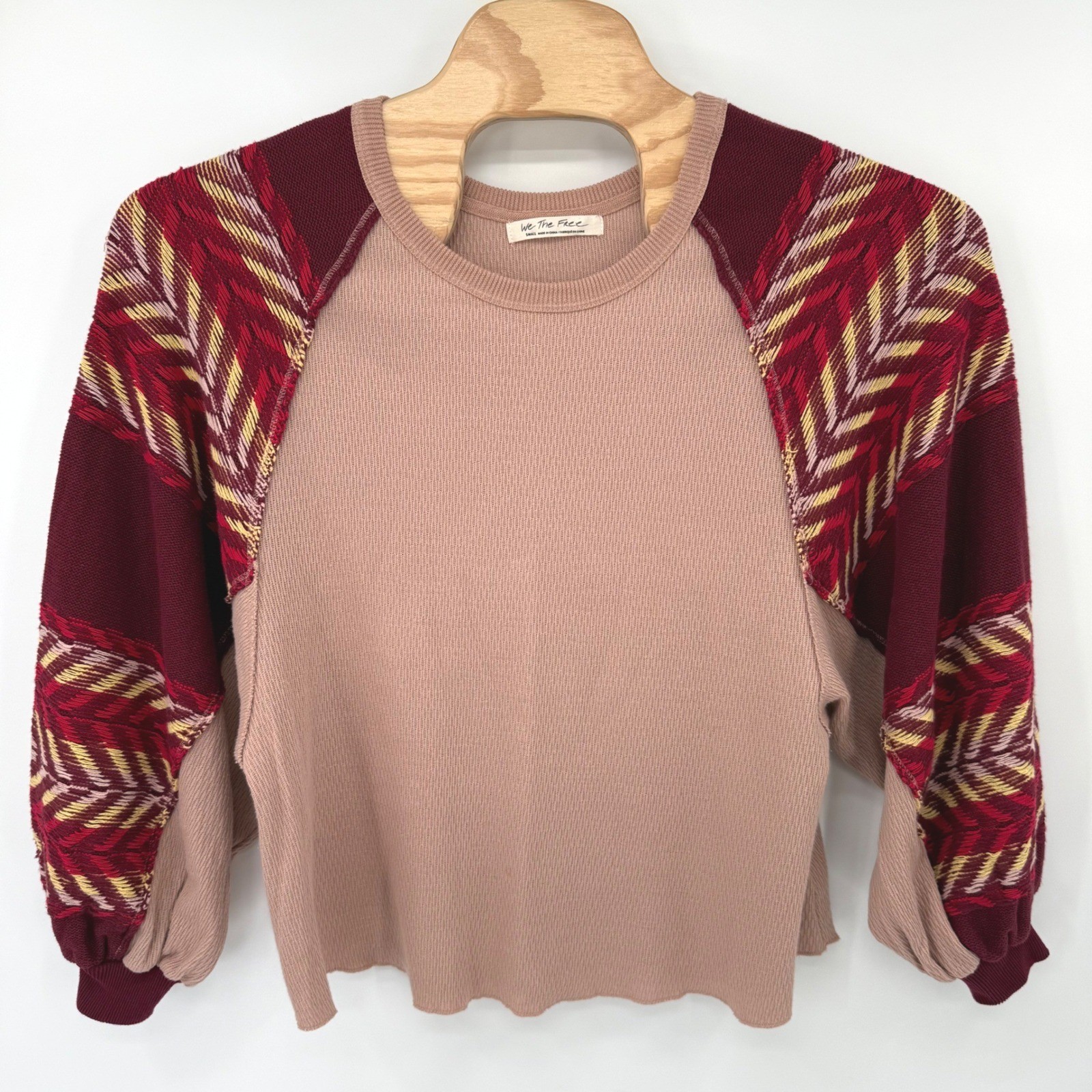We The Free Thermal Top Women Small Mauve Geometric Intarsia Balloon Sleeve Boho