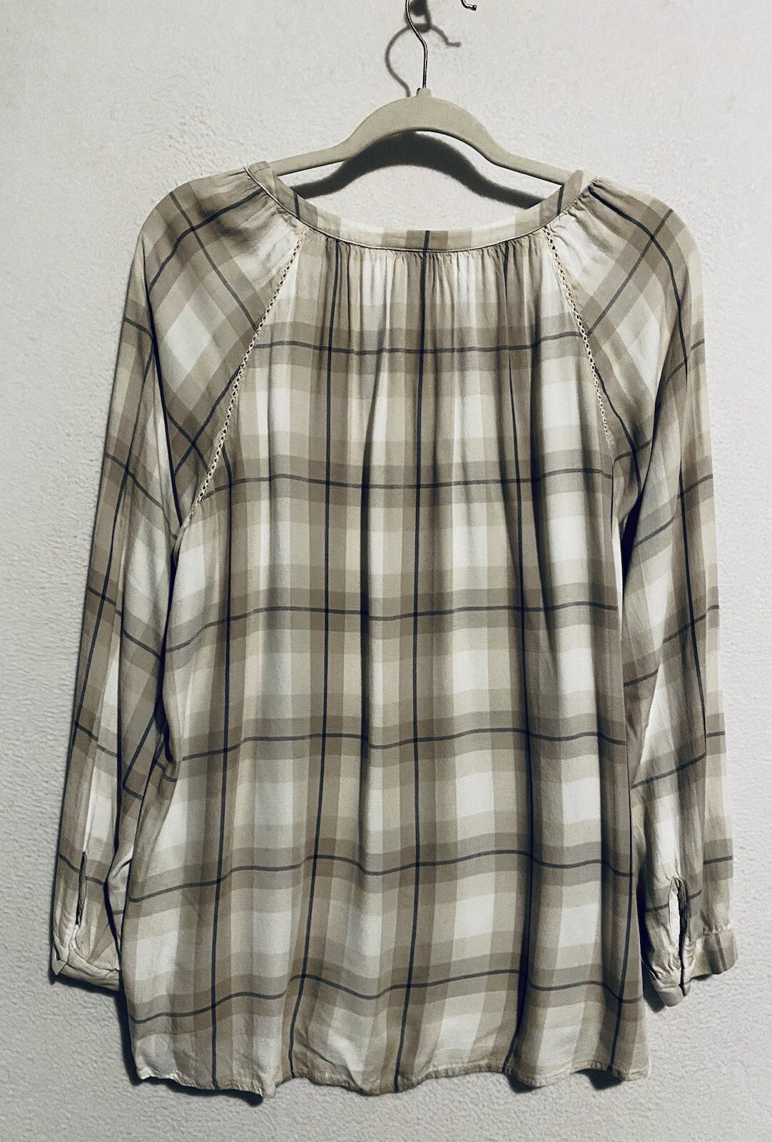 J Jill Top Womens Large Brown Plaid Crochet Trim Prairie Western Cottagecore