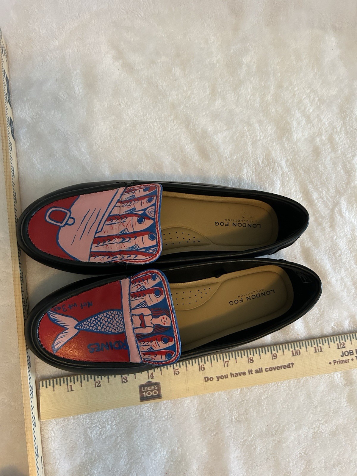 Hand Painted Shoes Featuring Sardines and Mermaid In Pink, Red and Blue Size 9W
