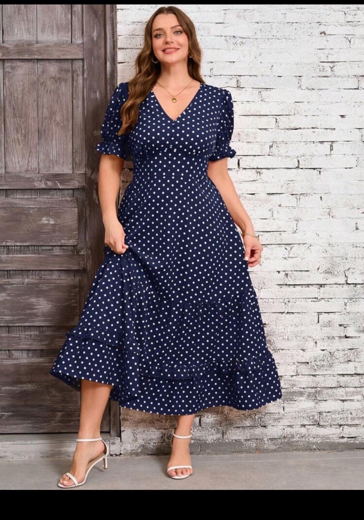 NWT clasi brand Blue White Dot A-Line Dress V-Neck Puff Shortslv Ruffle maxi 3xl
