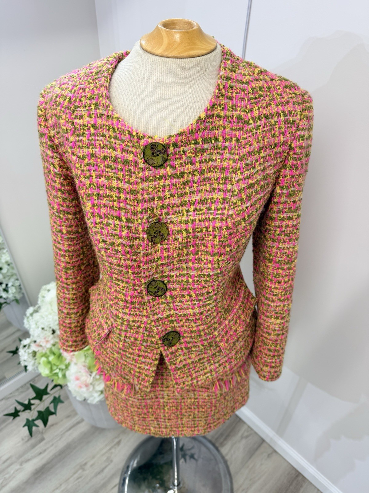 Pink Multi Tweed Fringe Blazer Jacket And Skirt M Floral Print Lining