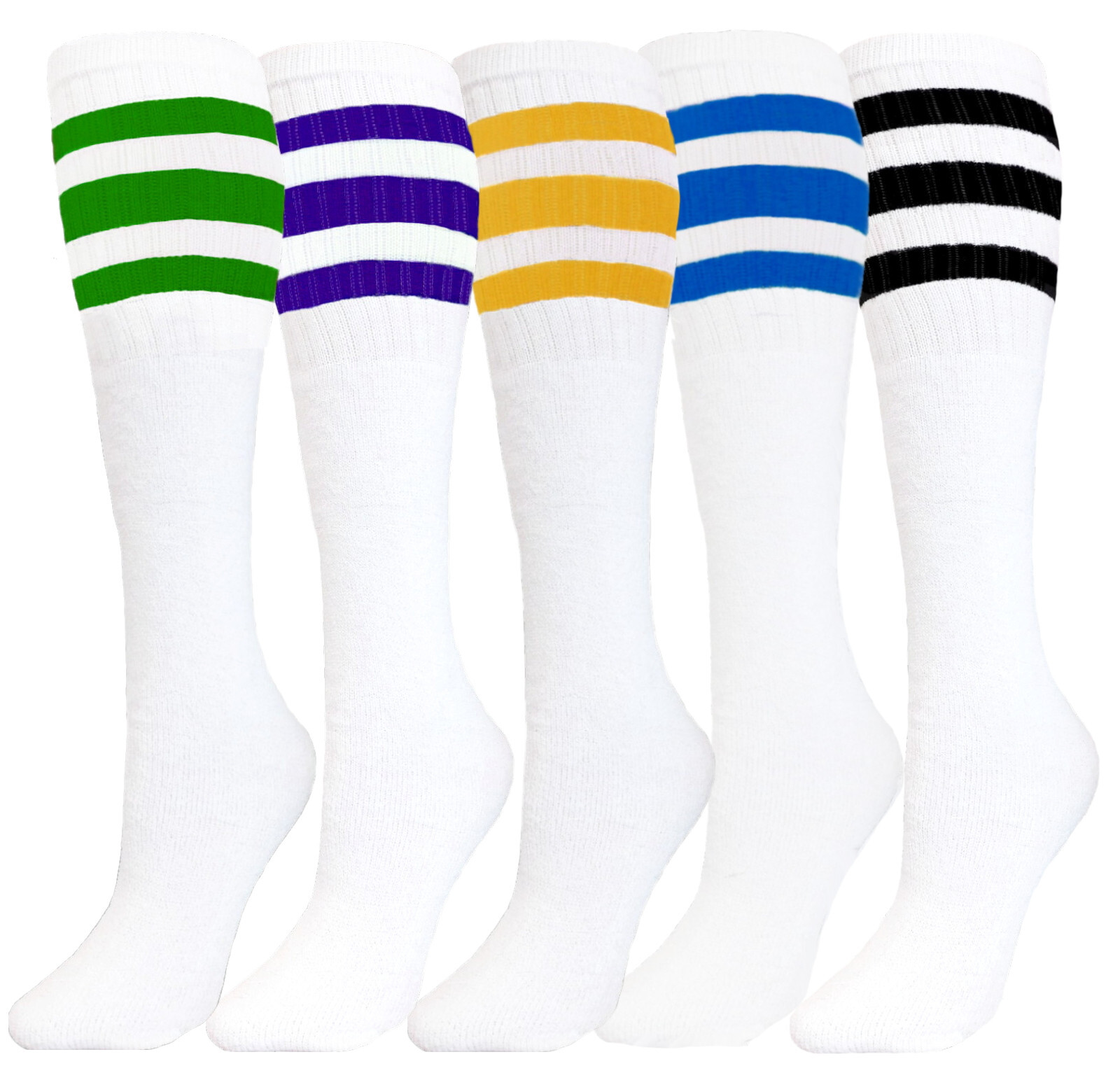 5 PK STRIPED TUBE SOCKS COTTON ASSORTED COLOR 22 INCH LONG SOCKS OLD SCHOOL
