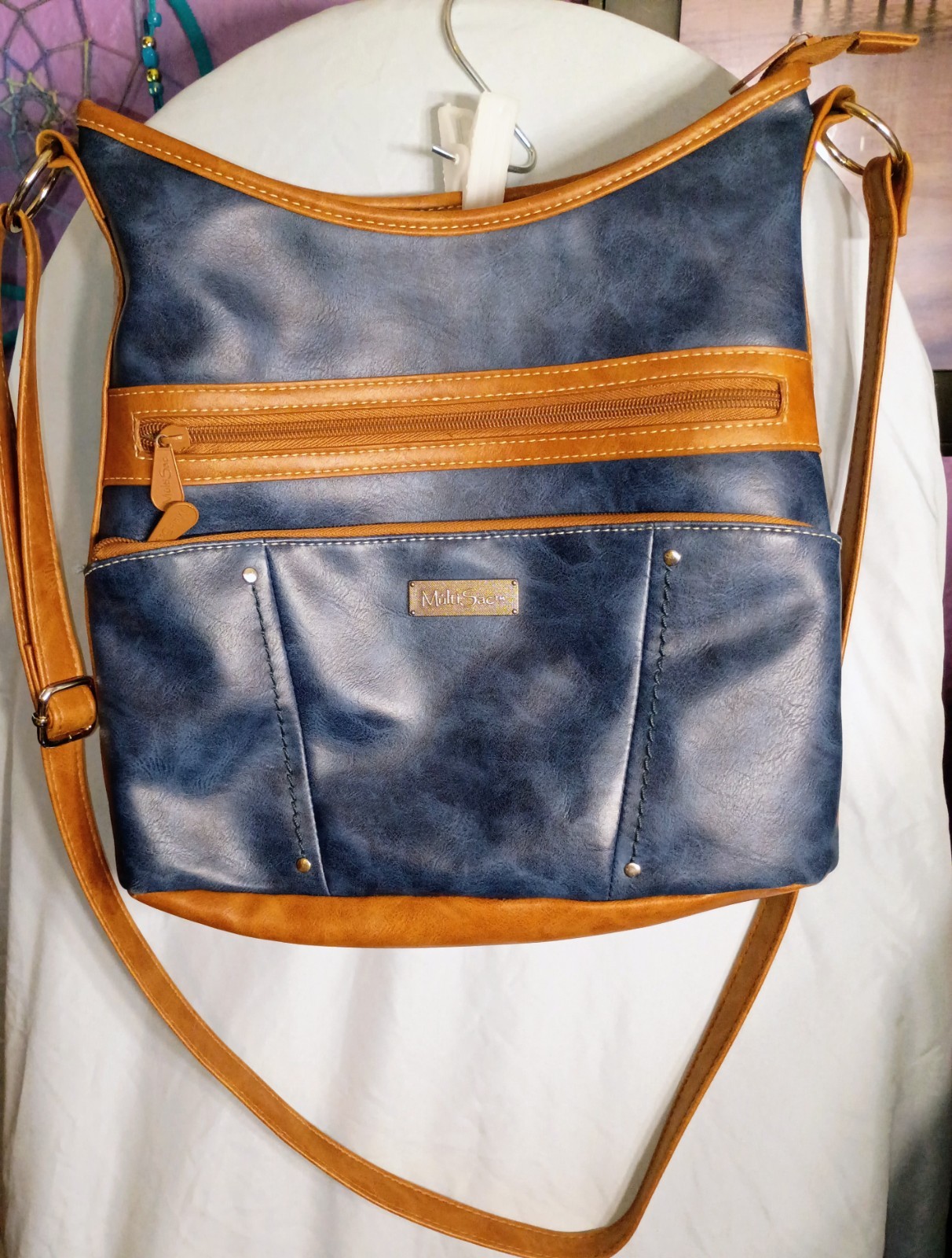 MultiSac Blue Brown Shoulder Bag Zipper Accent Zip Closure Pockets Brown Strap