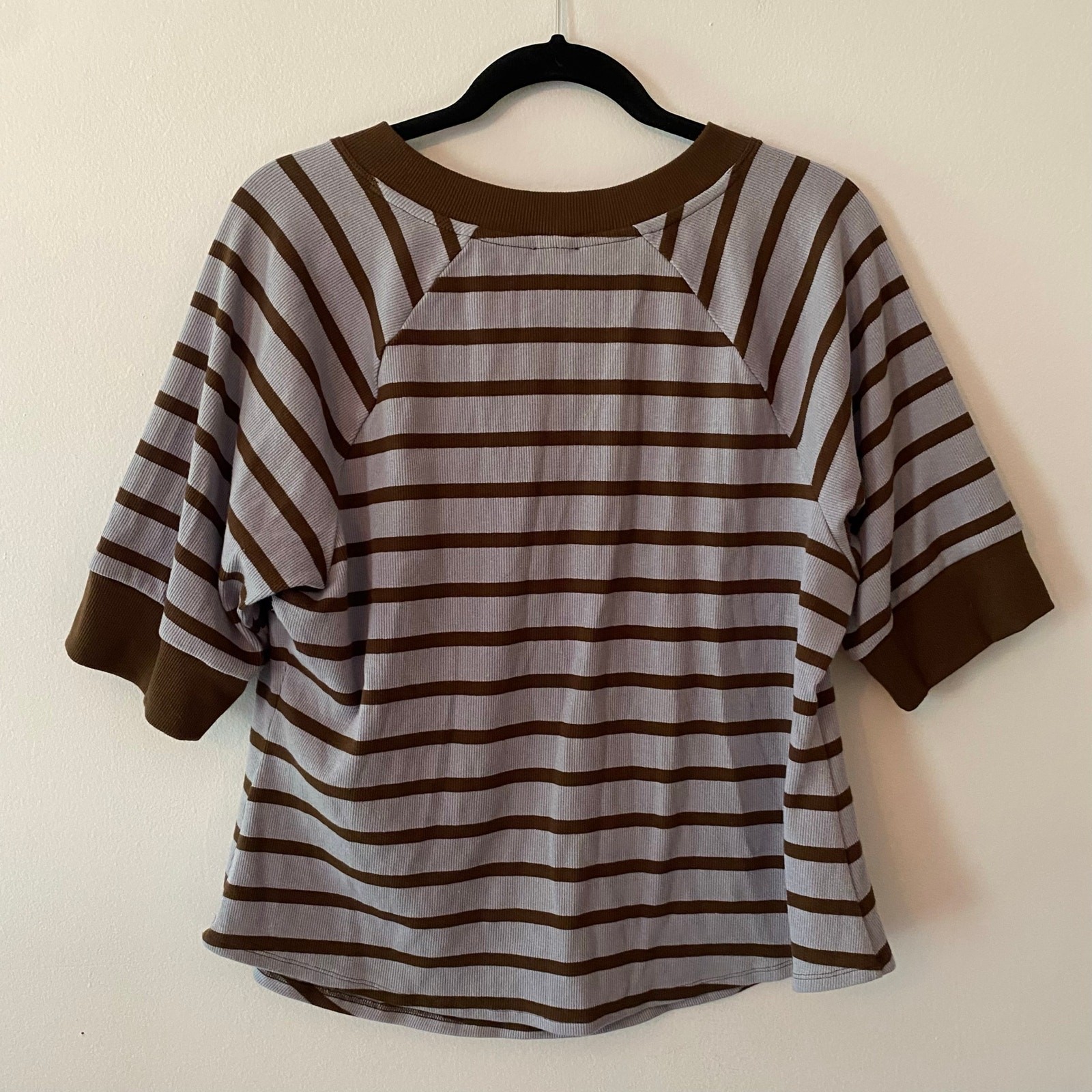 Maeve Purple Brown Stripe Ribbed Short Sleeve Henley Shirt Preppy Sparkle 2X