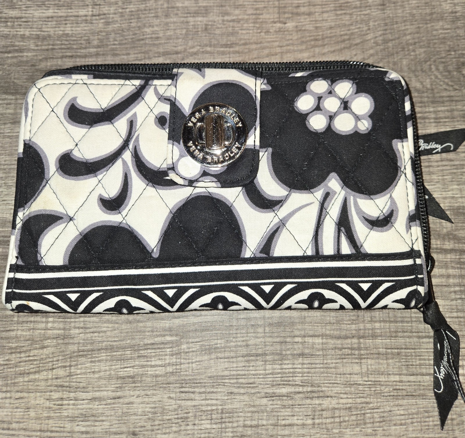 Vera Bradley Zip-Around Wallet w/Kiss Lock, Black/White/Gray Floral 7.75 x 4.75