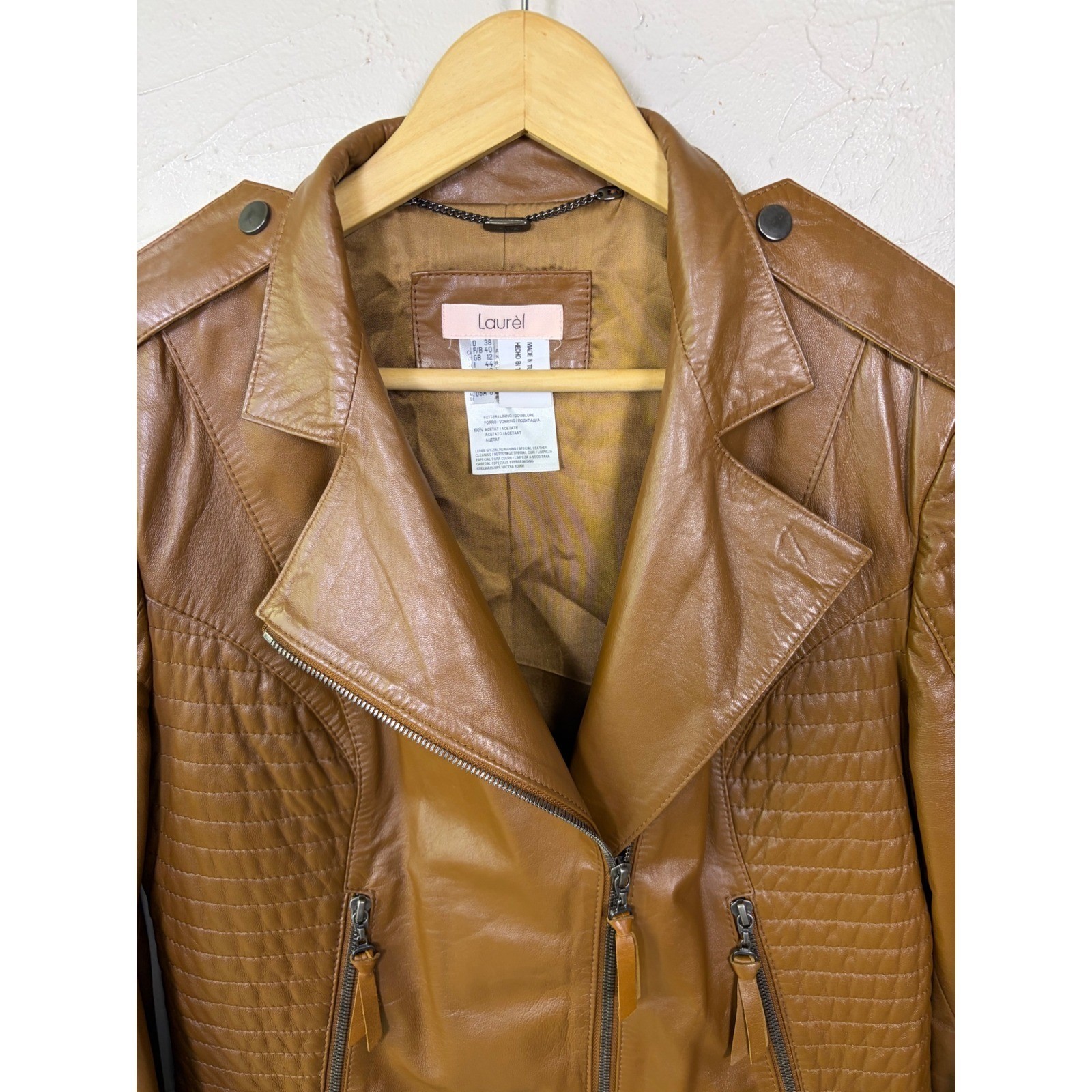 Lambskin Nappa Leather Moto Jacket Womens 8 Cognac Brown Biker Chic Designer