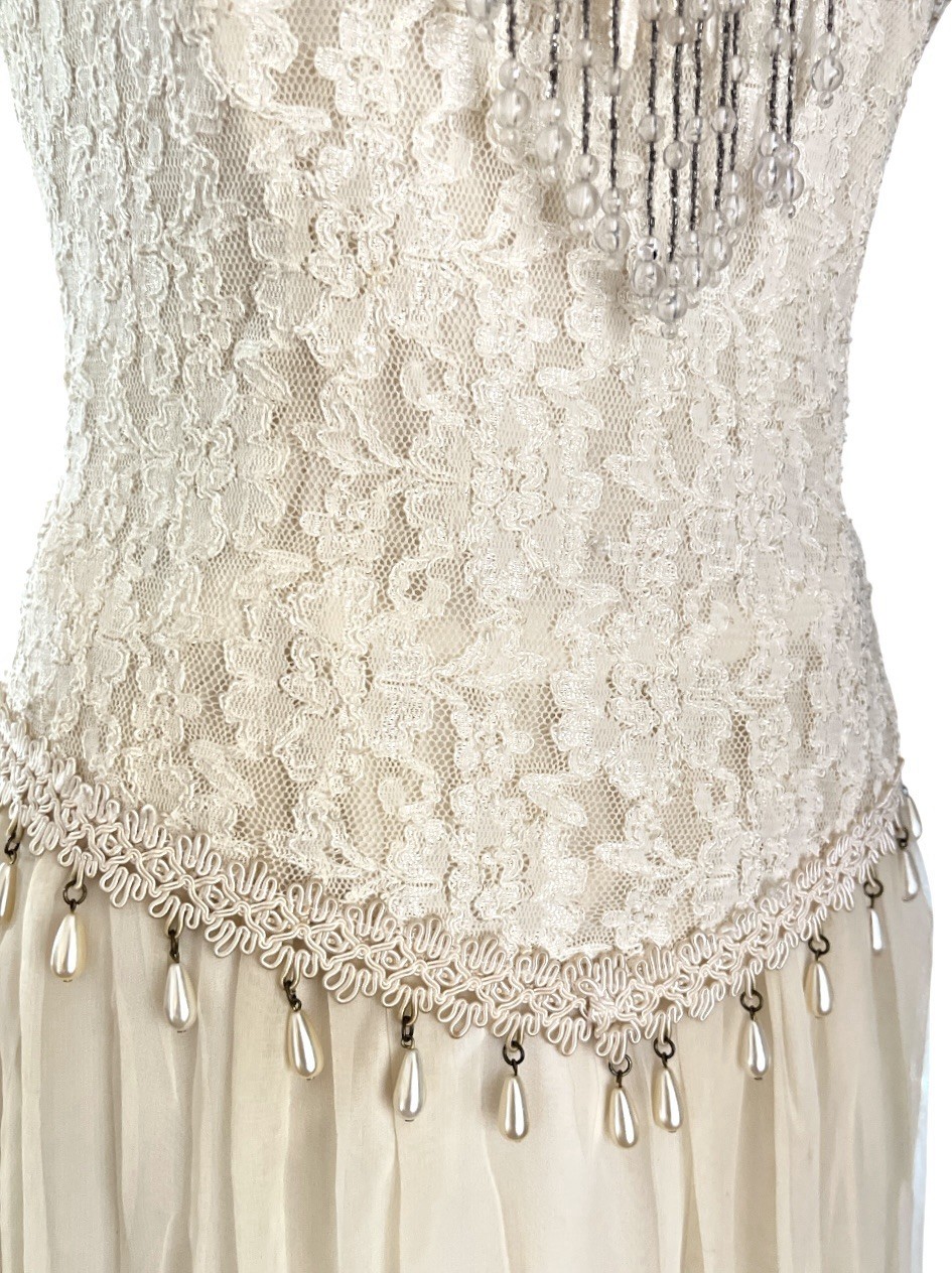 Y2K 90s Lace Midi Dress Sheer Pleated Pearl Beaded Fringe Cottagecore Bridal