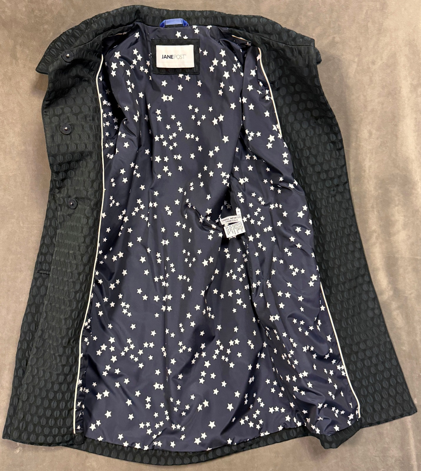 NWT JANE POST $745 NAVY TONAL JACQUARD COAT SZ S SMALL
