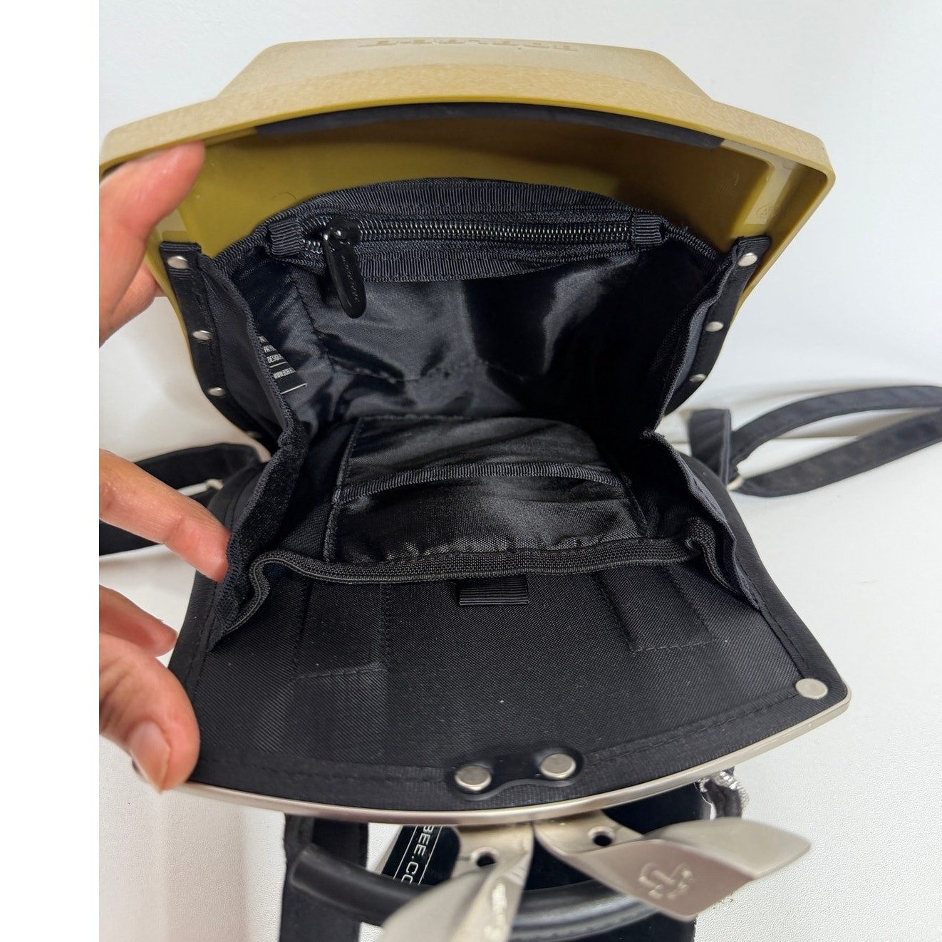 Boblbee Scarabée hard-shell mini backpack St Tropez model in metallic gold.