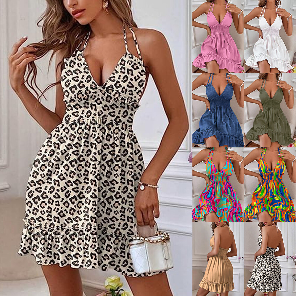 Womens Sexy Backless Swing Mini Dress Summer Deep V-Neck Beach Party Sundress