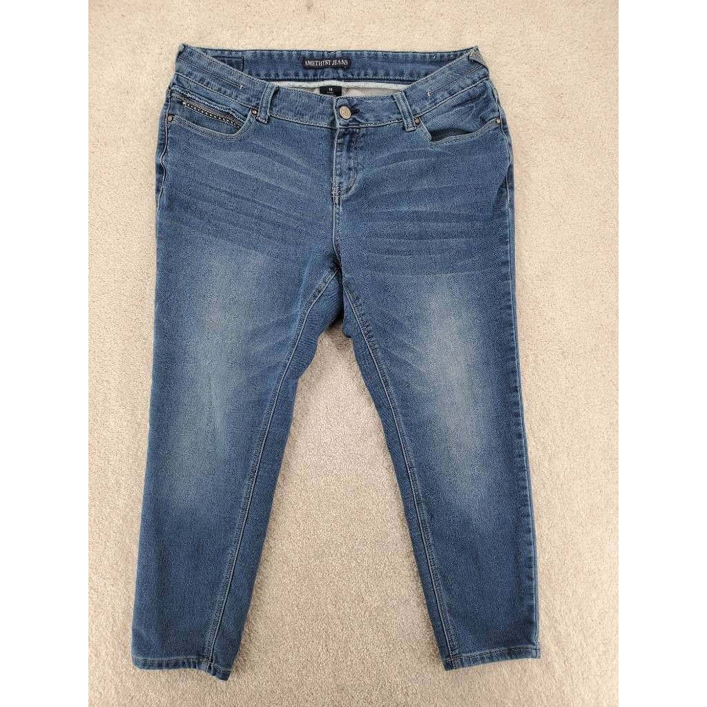 Amethyst Cropped Jeans Blue Whiskered Pockets Stretch Mid Rise Denim woman’s 14S