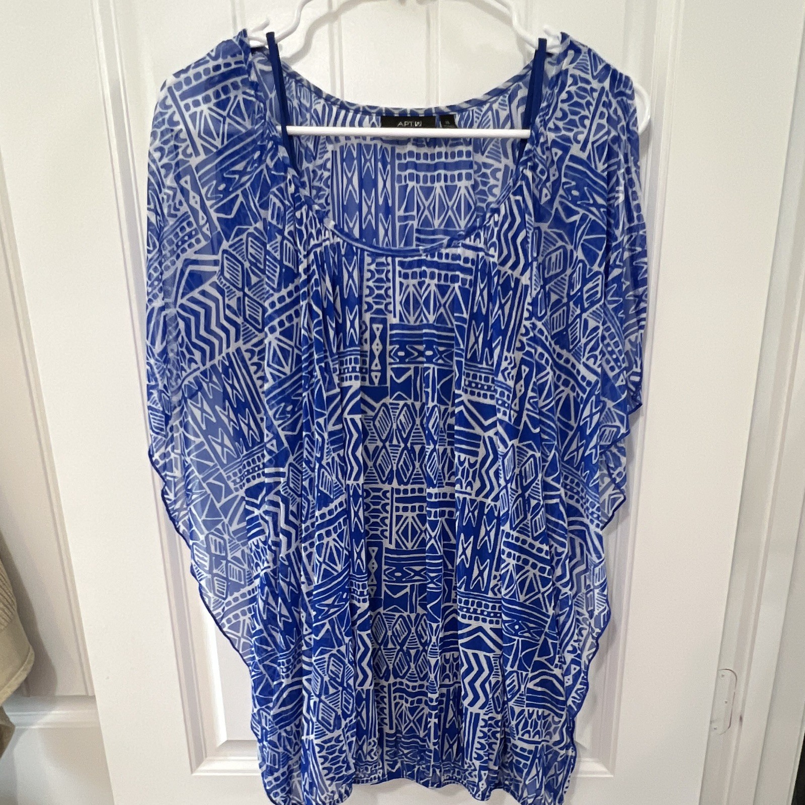 Apt. 9 Women XL Blue/White Geometric Chiffon Sheer Lightweight Tunic Blouse