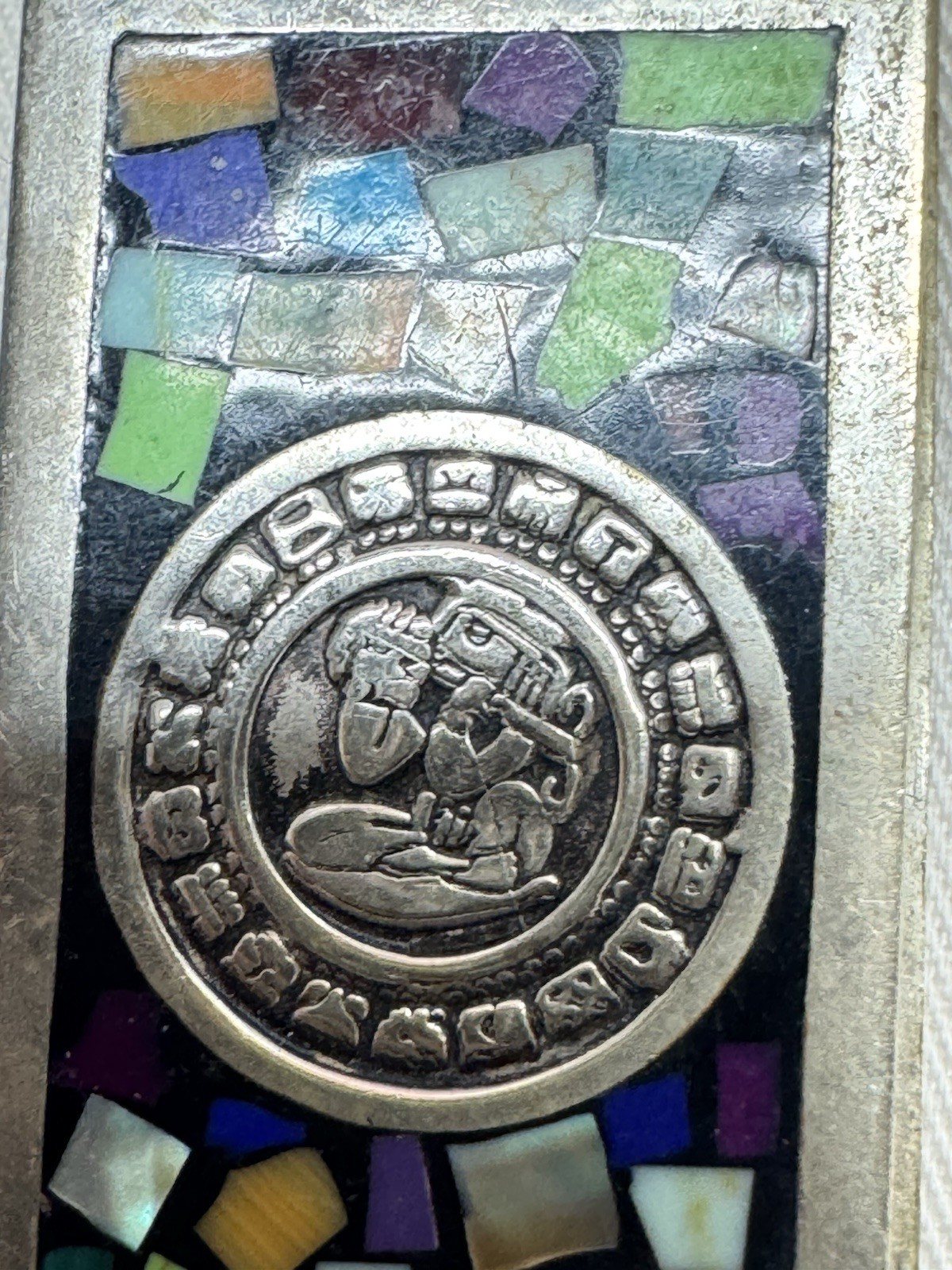 Vintage Taxco Mexico Inlay Multi Gemstone Aztec Sterling .925 Money Clip