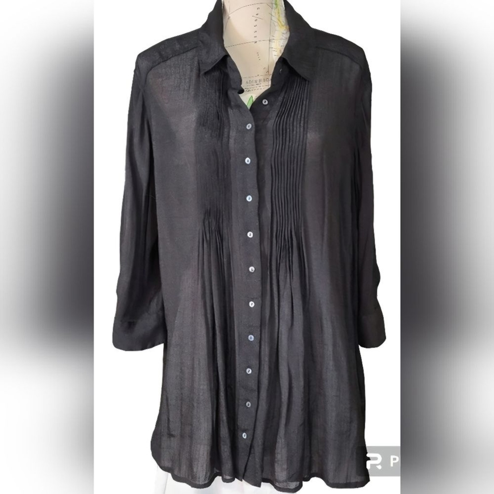 ALFANI Black Size 2X Pintuck Pleated Button-Down Shirt Lightweight Linen Texture