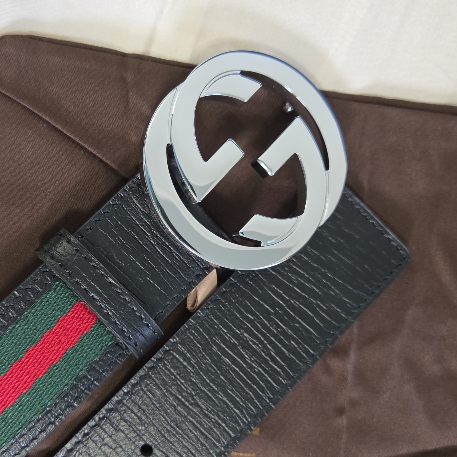 Authentic Gucci Black Green And Red Striped Belt, Men Size 34-36 IT 100CM