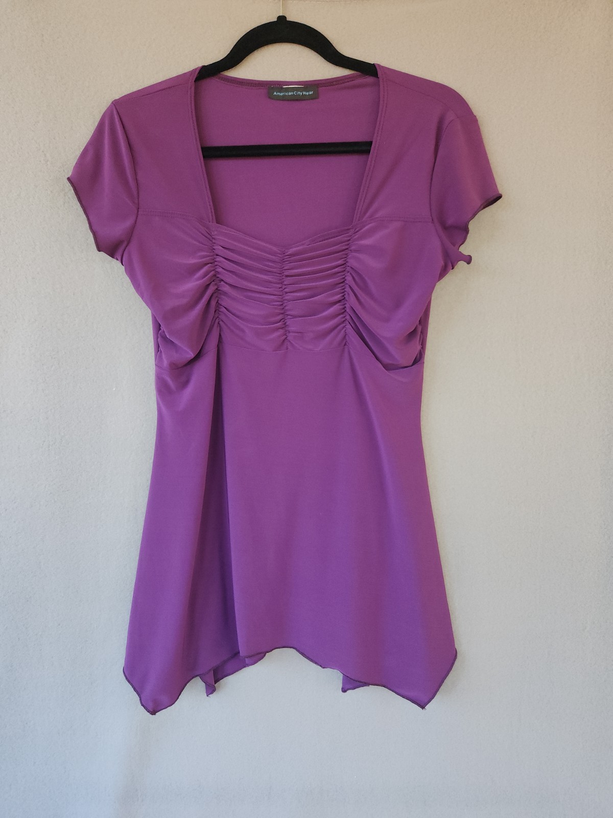 Womens Top Small Purple Ruched Asymmetric Handkerchief Hem Y2K Stretch