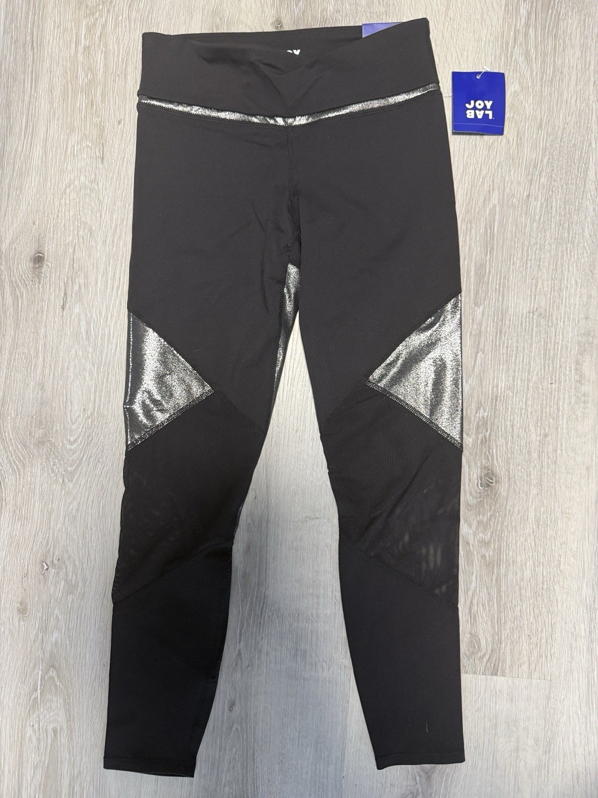 JoyLab Black Leggings with Metallic Silver & Mesh Accents 7/8 Length NWT Small