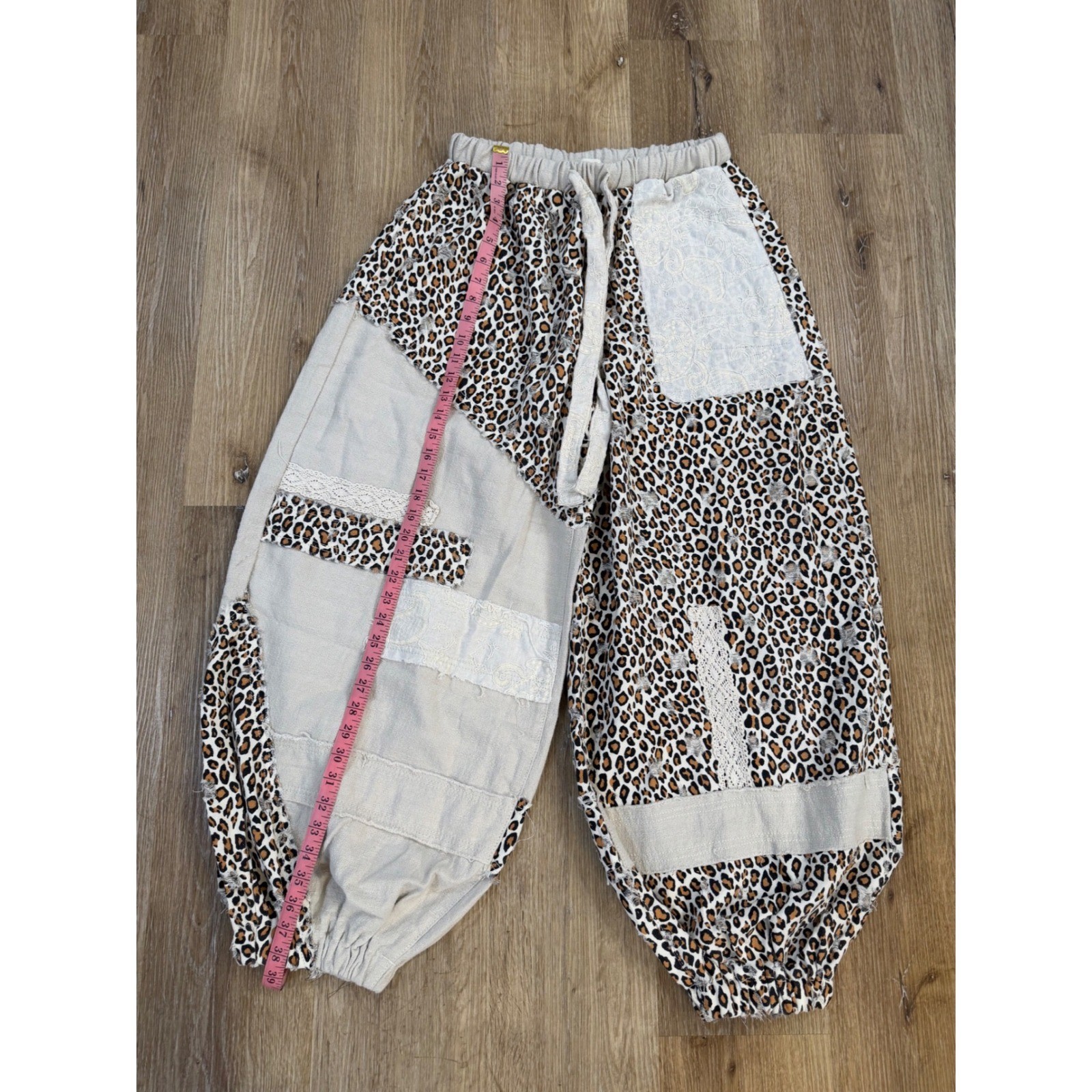POL Patchwork Harem Pants Womens Medium Leopard Lace Distressed Boho Joggers