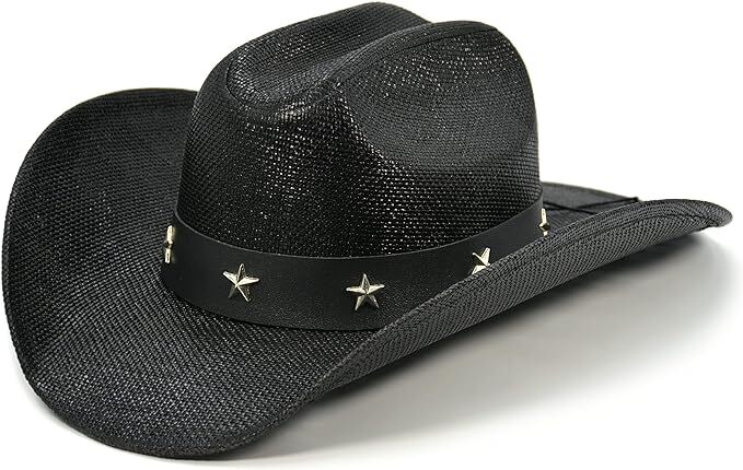 Cowboy Black Hat w/ Star belt Vintage Western Shapeable Brim
