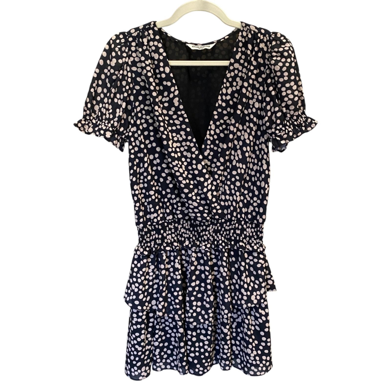 Amanda Uprichard Velma Black & White Polka Dot Ruffle Smocked Mini Revolve Med.
